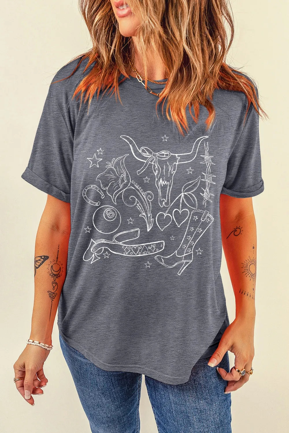 Cowgirl Boots OX Head Western Graphic Crewneck T-Shirt