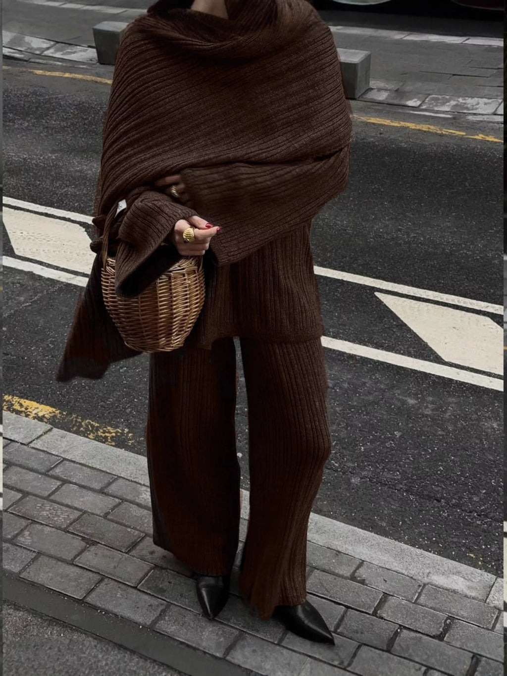 Tights & Tights Women’s Ribbed Sweater and Wide Leg Pants 3-Piece Lounge Set