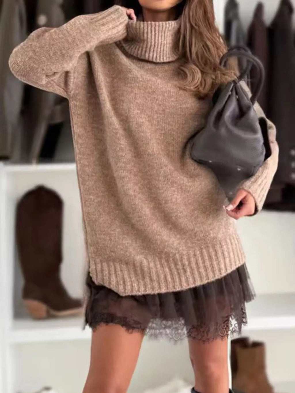 Plus Size Lace Cami Dress & Turtleneck Sweater Set for Women