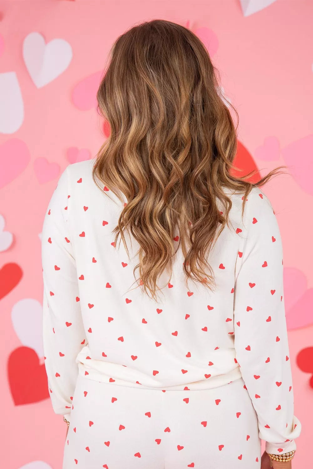Hearts Print Lounge Set for Women – Long Sleeve Top & Drawstring Pants