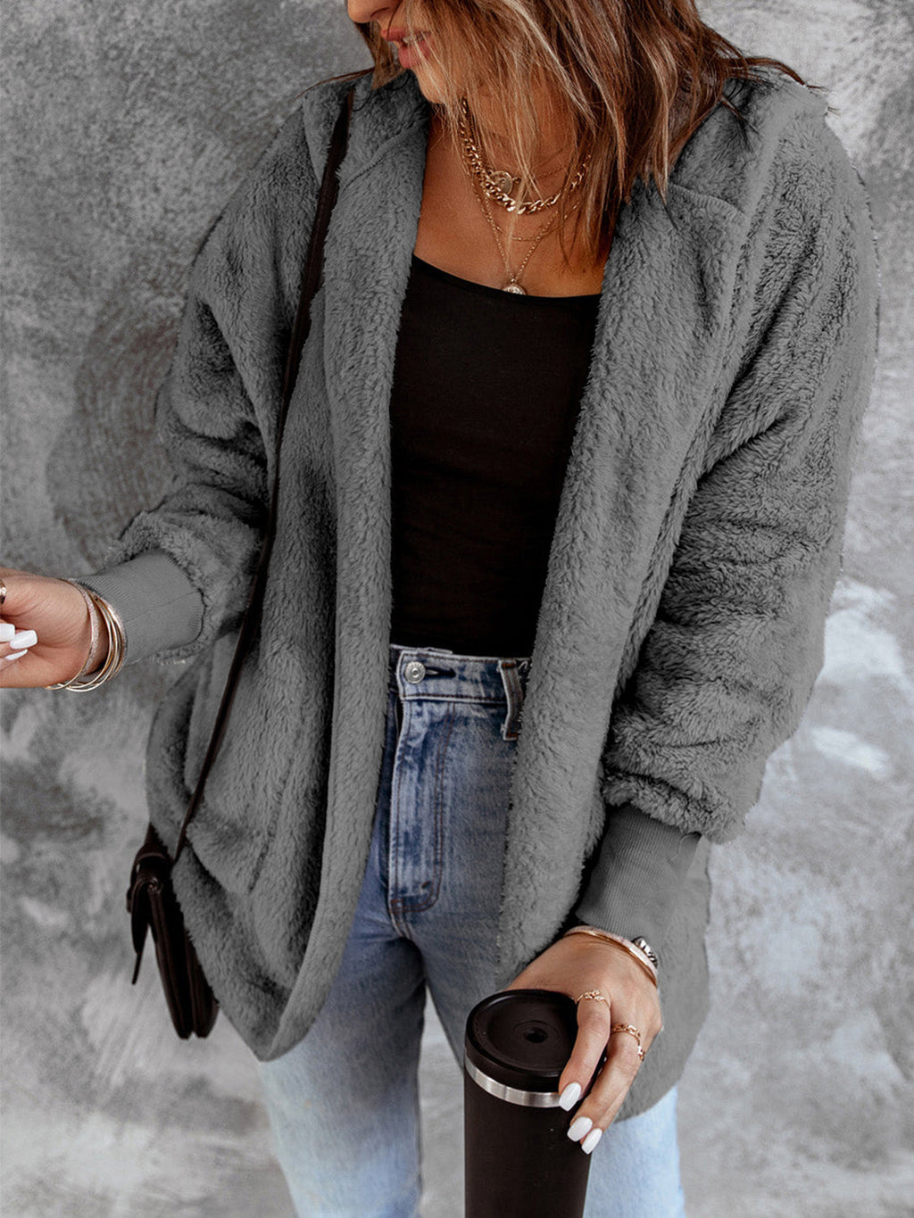 Women’s Open Front Hooded Faux Fur Coat with Pockets – Cozy Chic