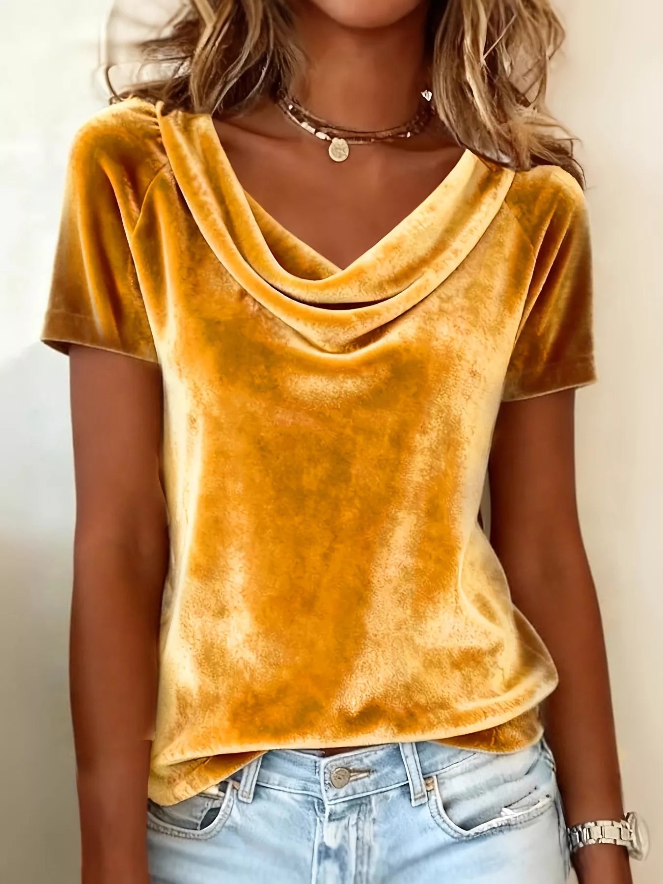 Women’s Velvet Cowl Neck Short Sleeve Top