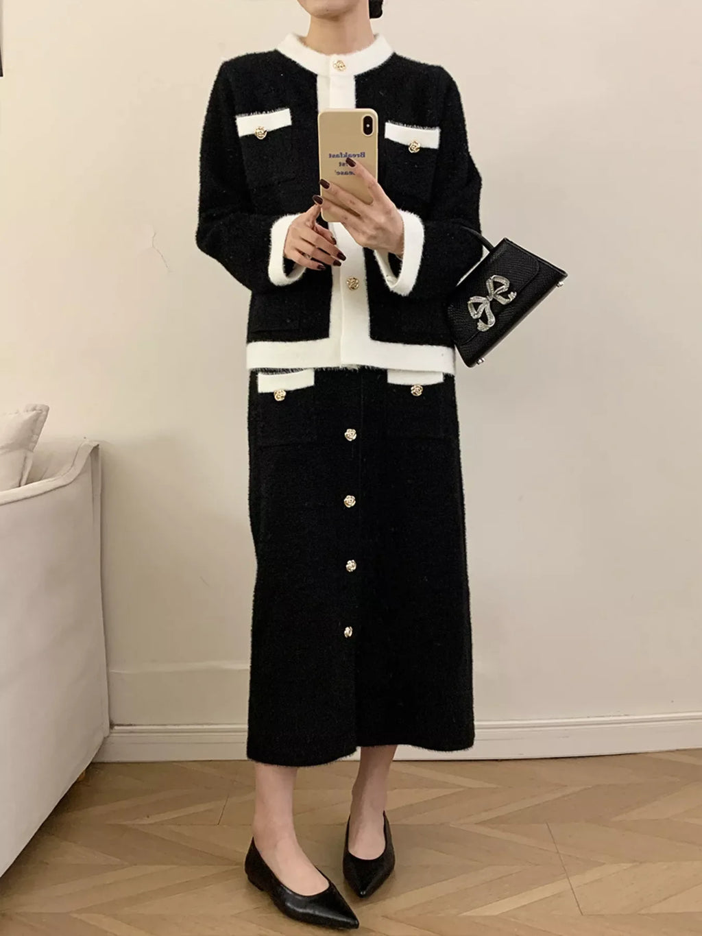 Contrast Trim Jacket & Skirt Sweater Set – Chic Women’s Outfit