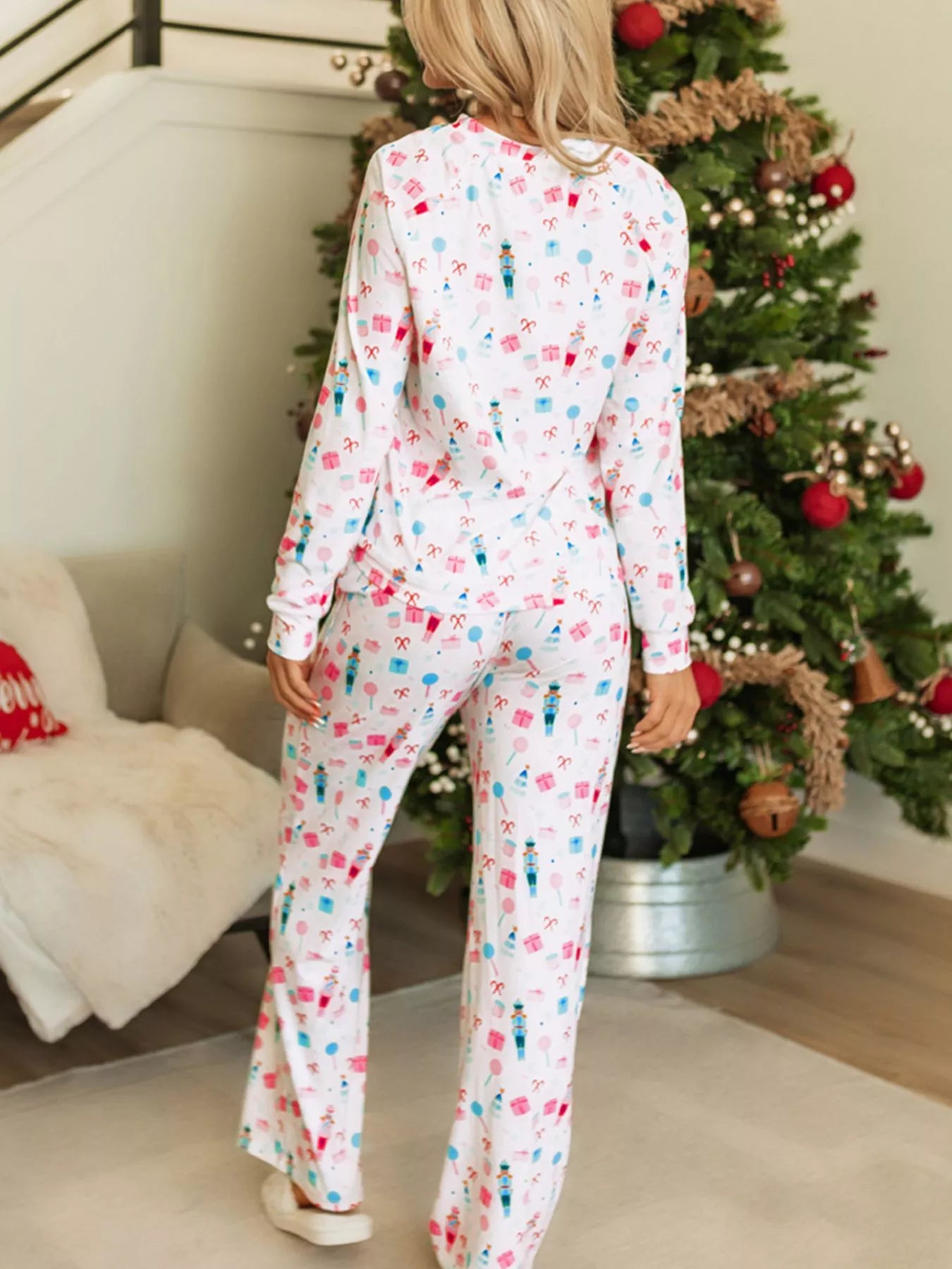 Christmas Pattern Long Sleeve Top & Wide Leg Pants Set for Women