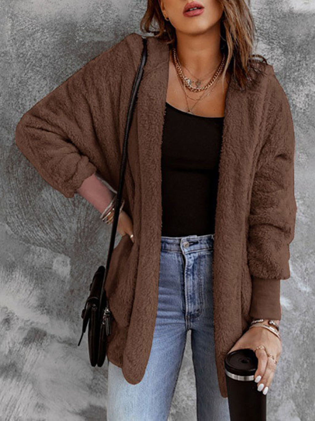 Women’s Open Front Hooded Faux Fur Coat with Pockets – Cozy Chic