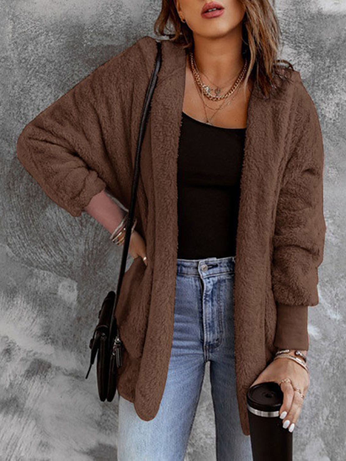 Women’s Open Front Hooded Faux Fur Coat with Pockets – Cozy Chic
