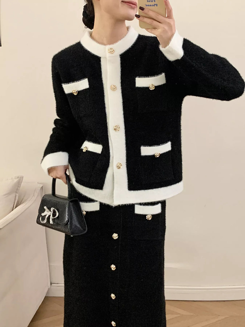 Contrast Trim Jacket & Skirt Sweater Set – Chic Women’s Outfit