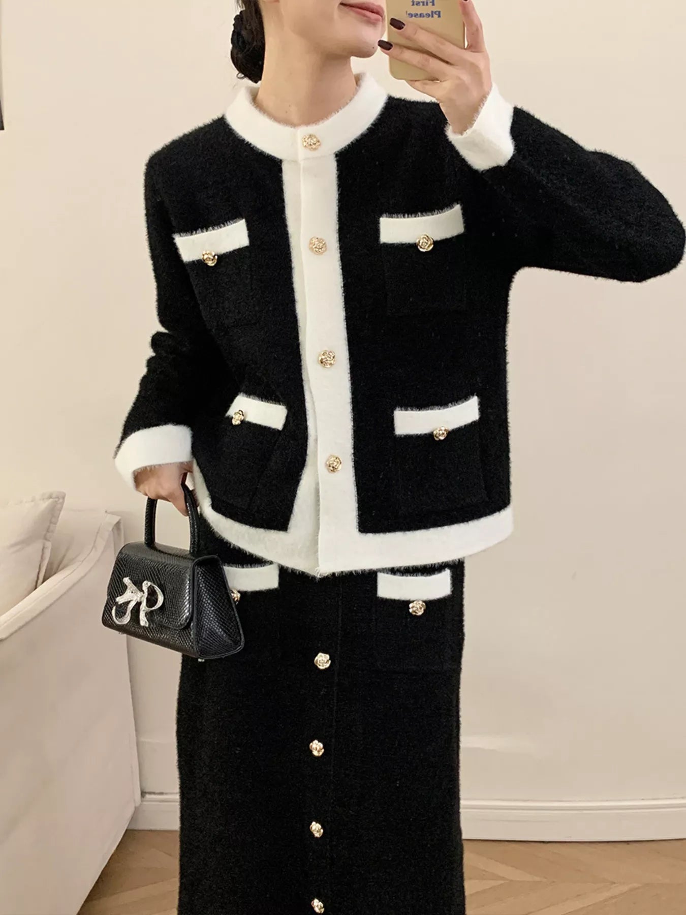 Contrast Trim Jacket & Skirt Sweater Set – Chic Women’s Outfit