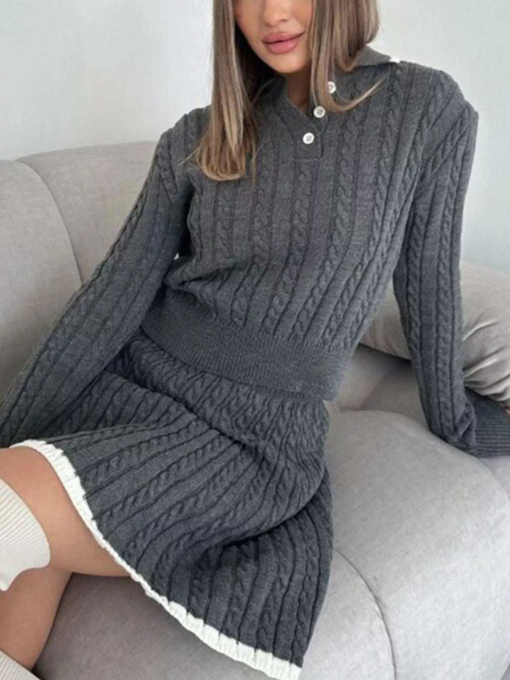 Cable Knit Sweater Set – Long Sleeve Top & Skirt for Women