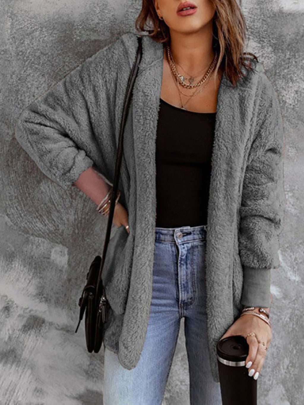 Women’s Open Front Hooded Faux Fur Coat with Pockets – Cozy Chic