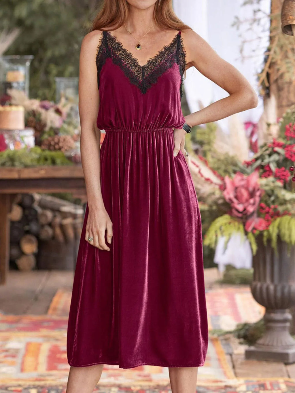 Tights & Tights Women’s Velvet Lace Trim Cami Lounge Dress