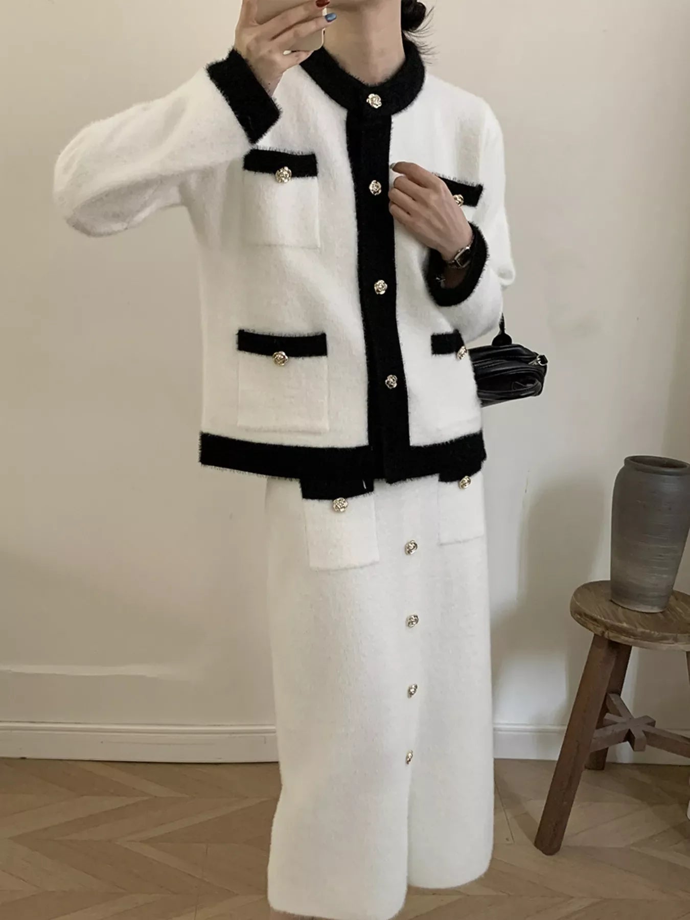 Contrast Trim Jacket & Skirt Sweater Set – Chic Women’s Outfit