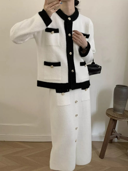 Contrast Trim Jacket & Skirt Sweater Set – Chic Women’s Outfit