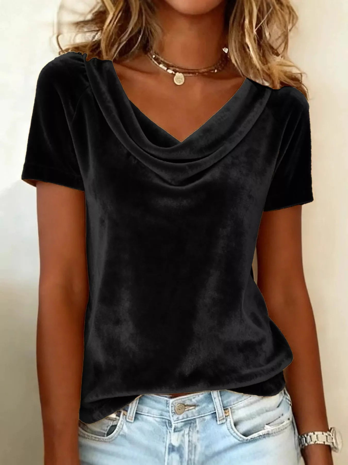 Women’s Velvet Cowl Neck Short Sleeve Top