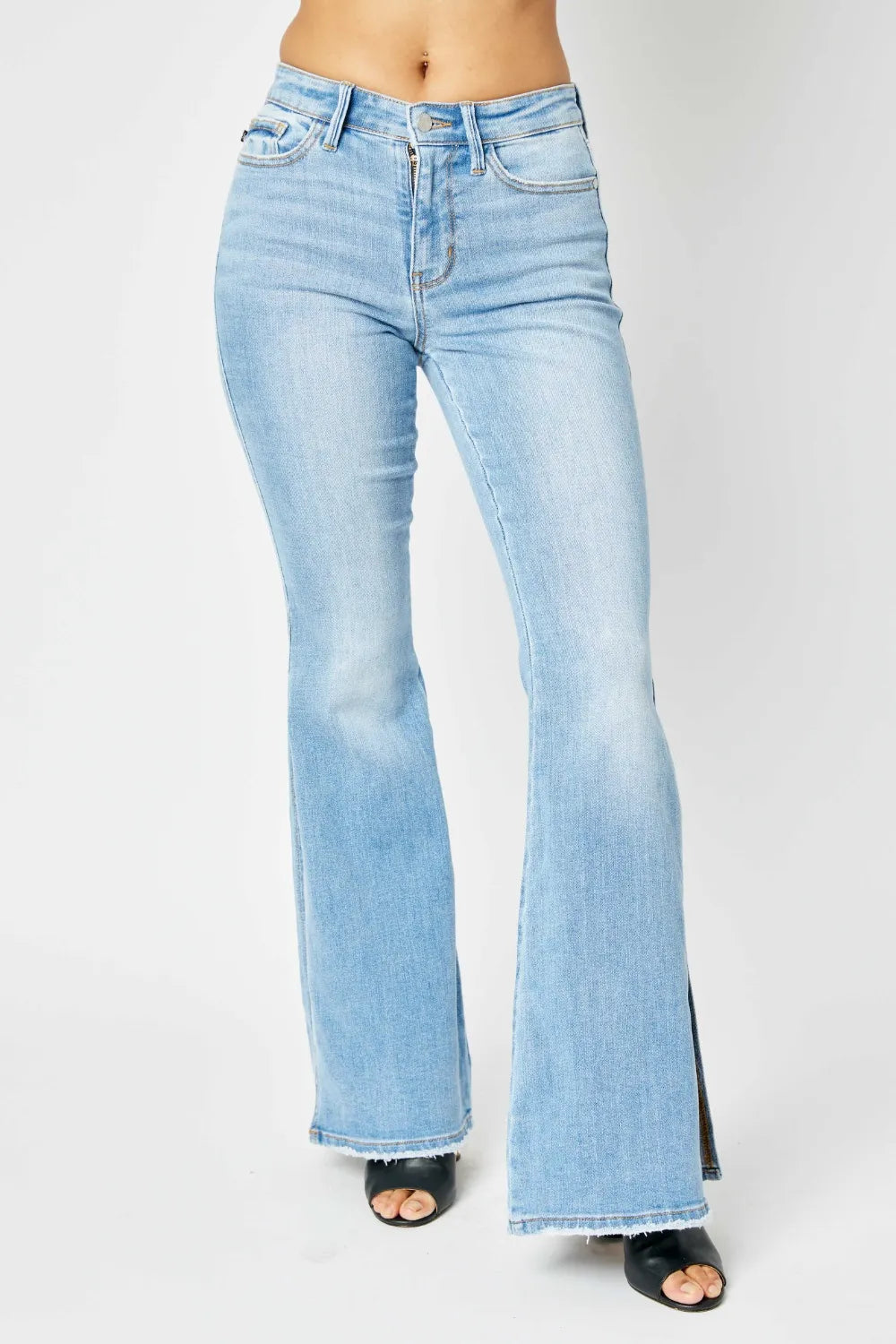 Judy Blue Mid-Rise Raw Hem Slit Flare Jeans for Women
