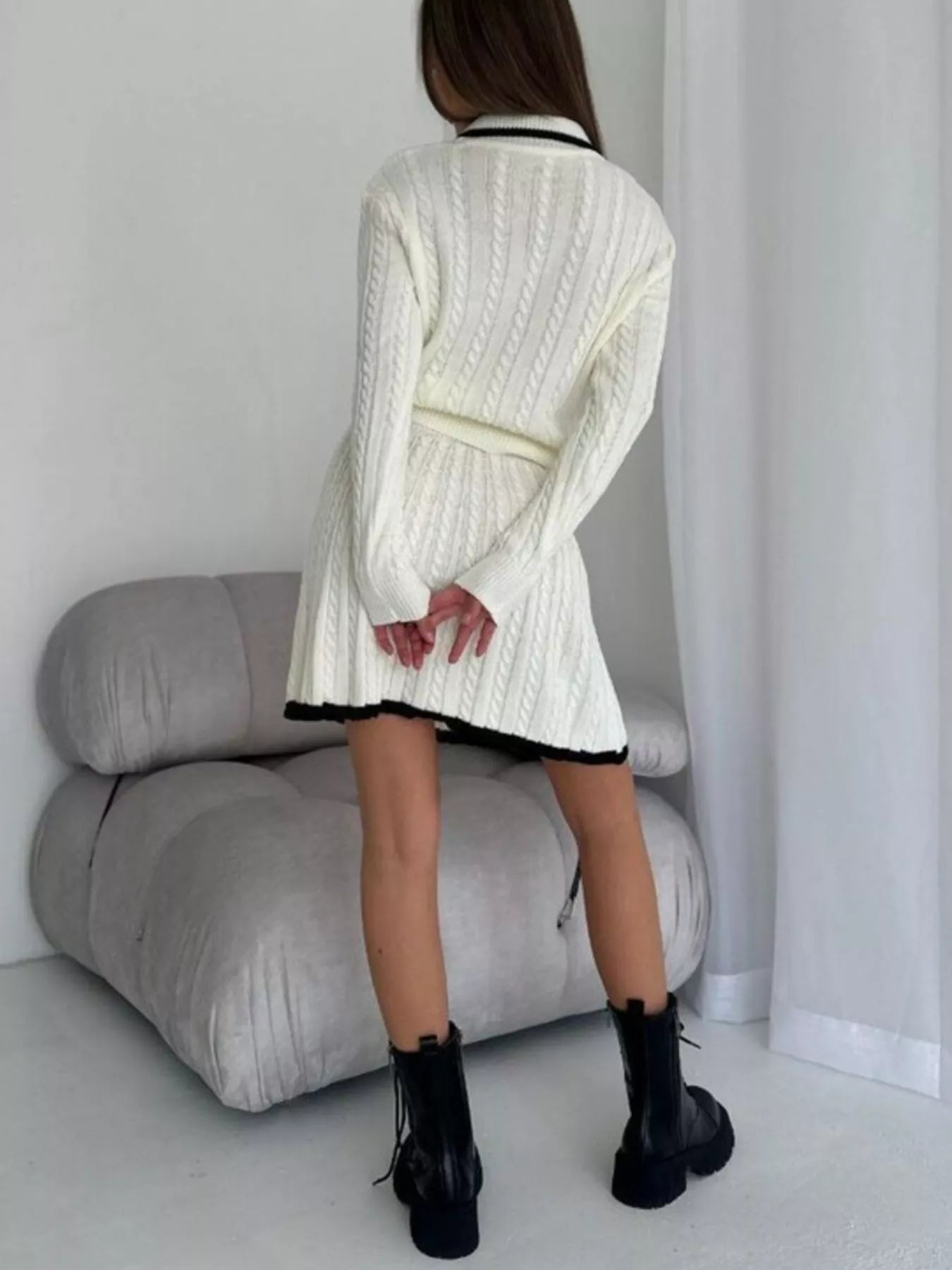 Cable Knit Sweater Set – Long Sleeve Top & Skirt for Women