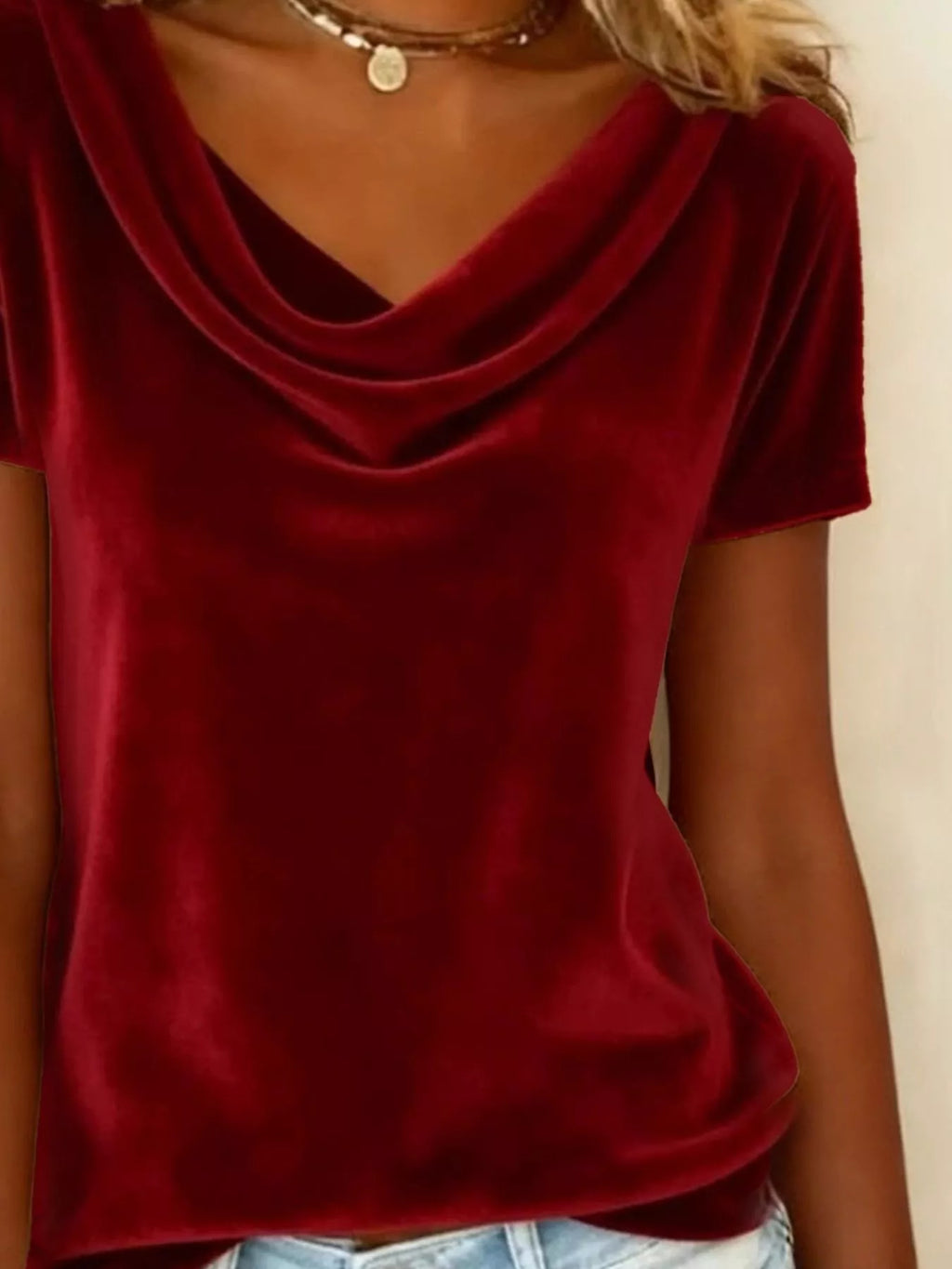 Women’s Velvet Cowl Neck Short Sleeve Top