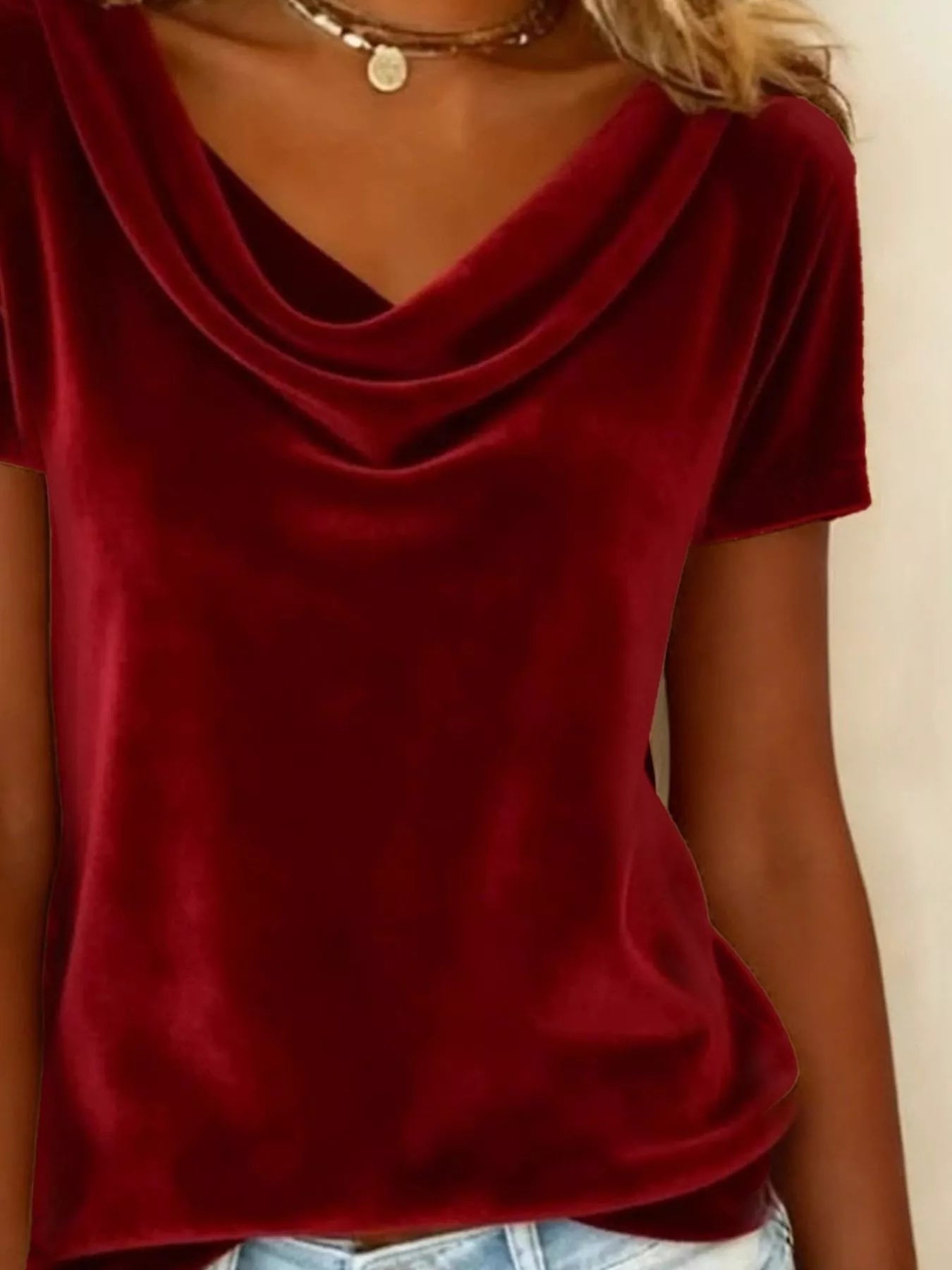 Women’s Velvet Cowl Neck Short Sleeve Top