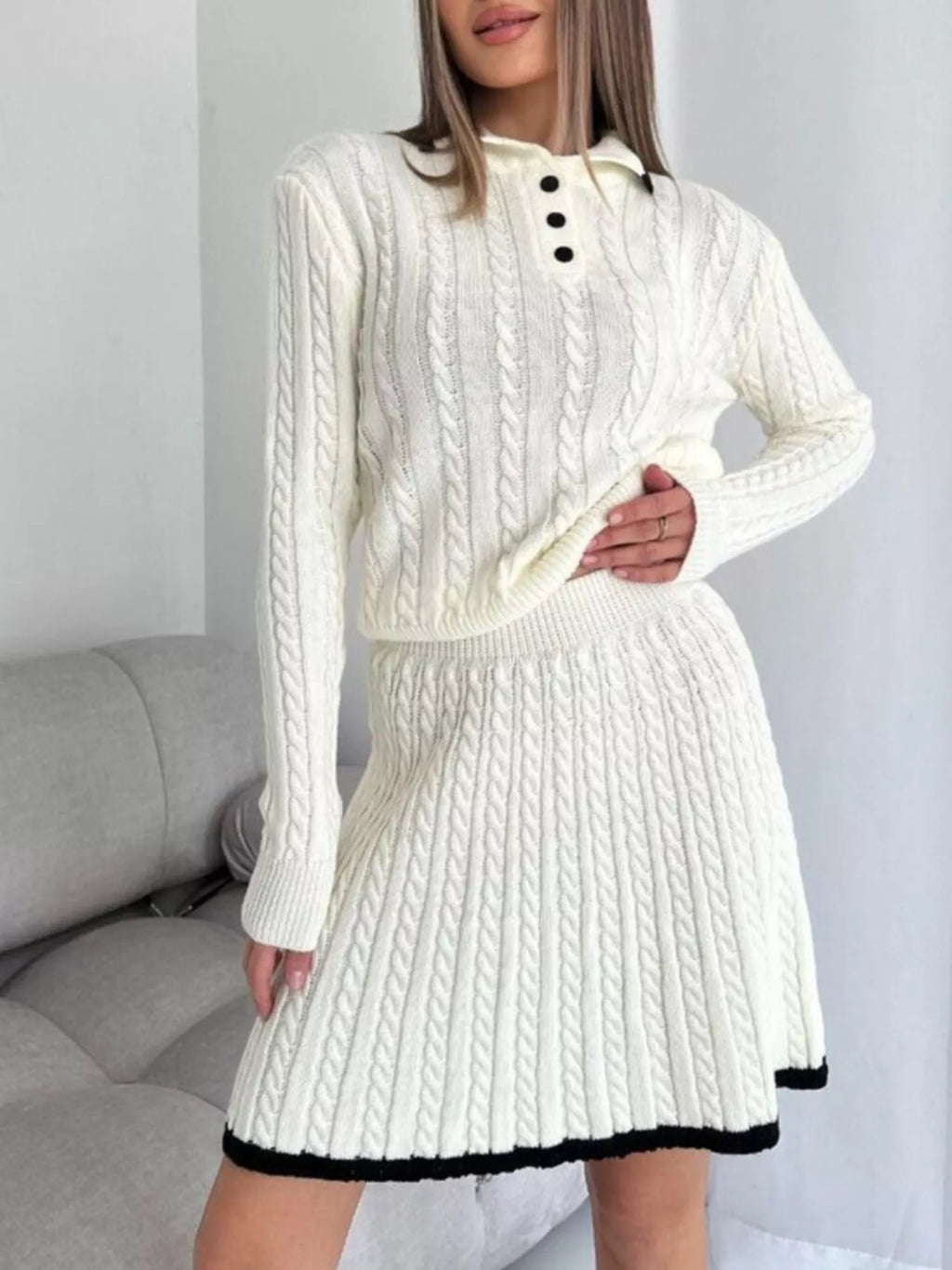 Cable Knit Sweater Set – Long Sleeve Top & Skirt for Women