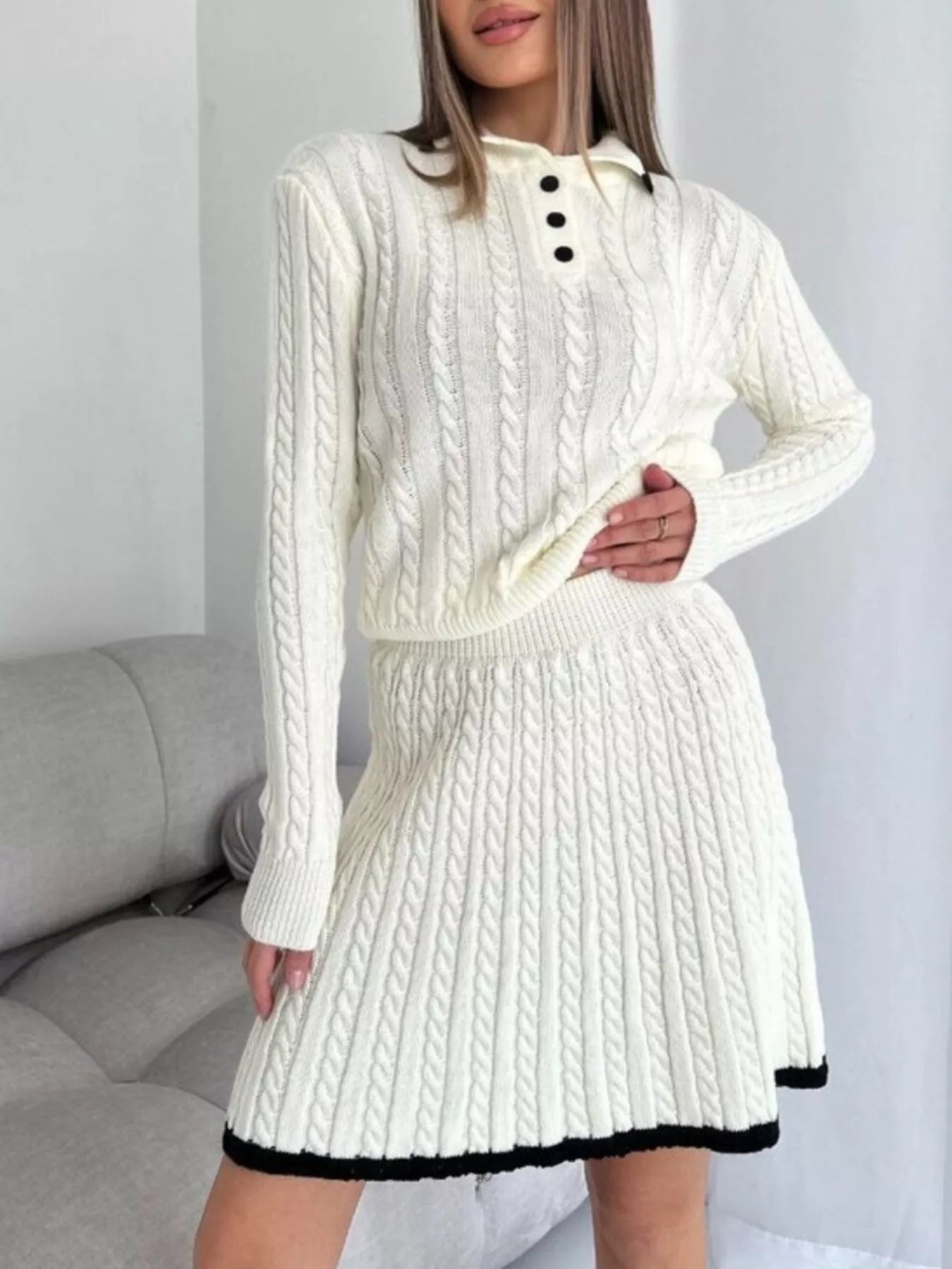 Cable Knit Sweater Set – Long Sleeve Top & Skirt for Women