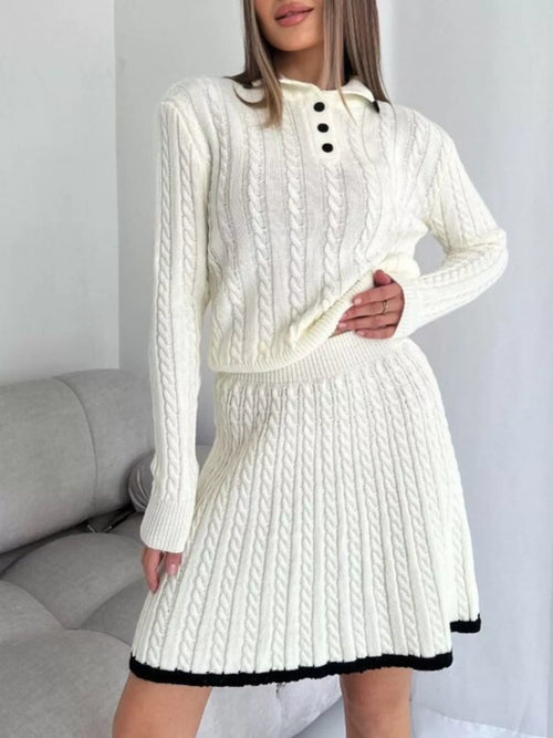 Cable Knit Sweater Set – Long Sleeve Top & Skirt for Women