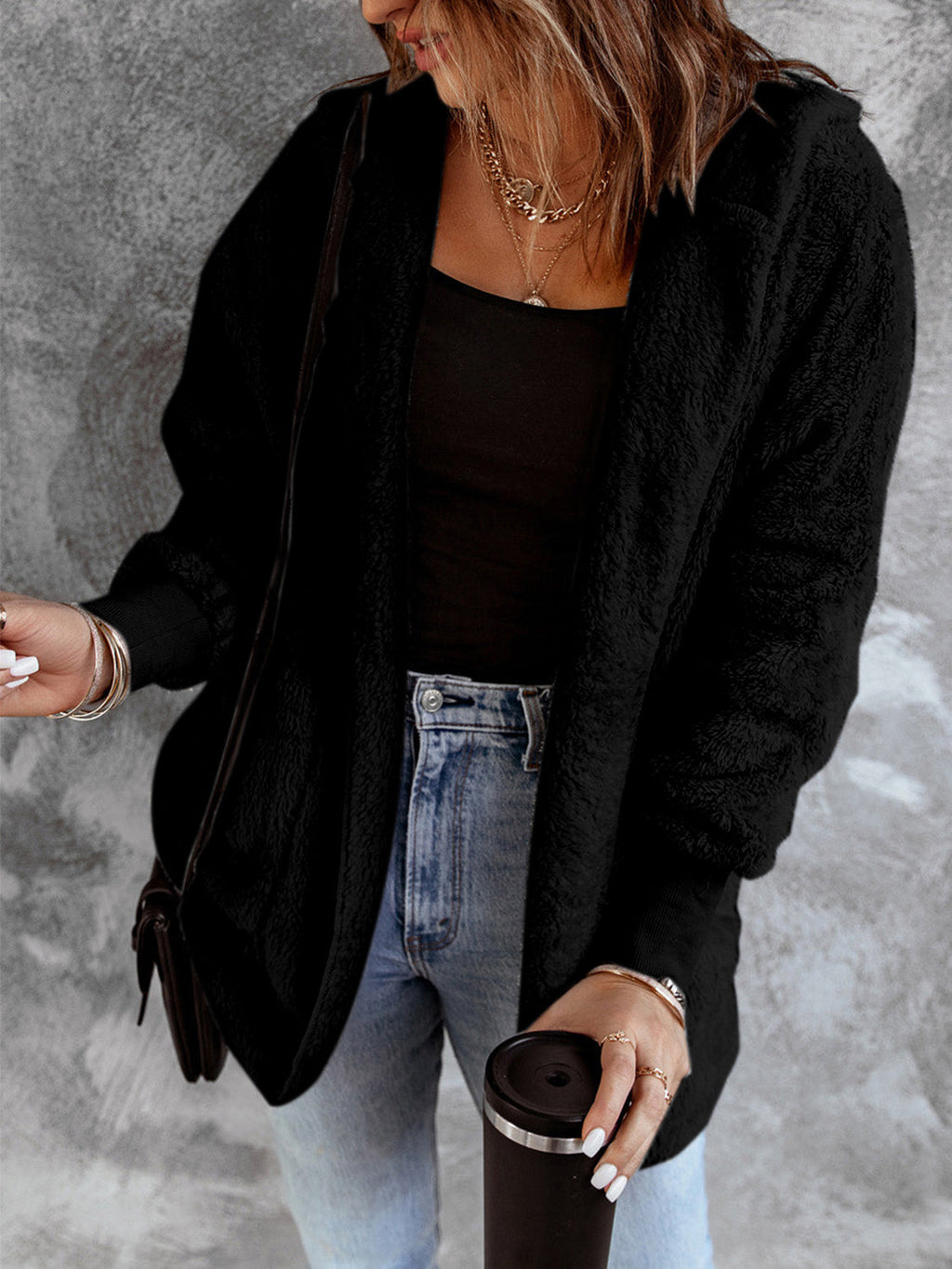 Women’s Open Front Hooded Faux Fur Coat with Pockets – Cozy Chic