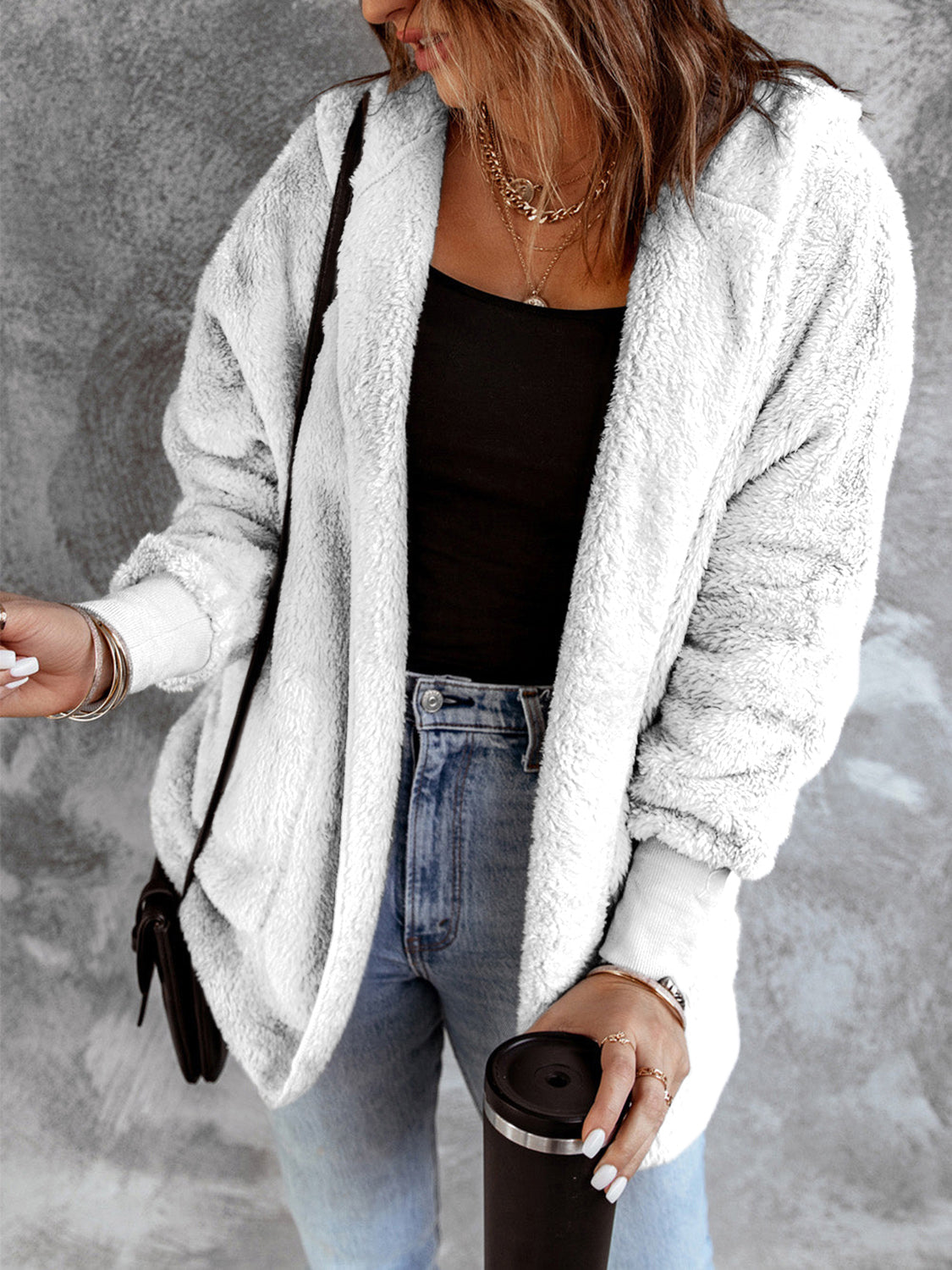 Women’s Open Front Hooded Faux Fur Coat with Pockets – Cozy Chic
