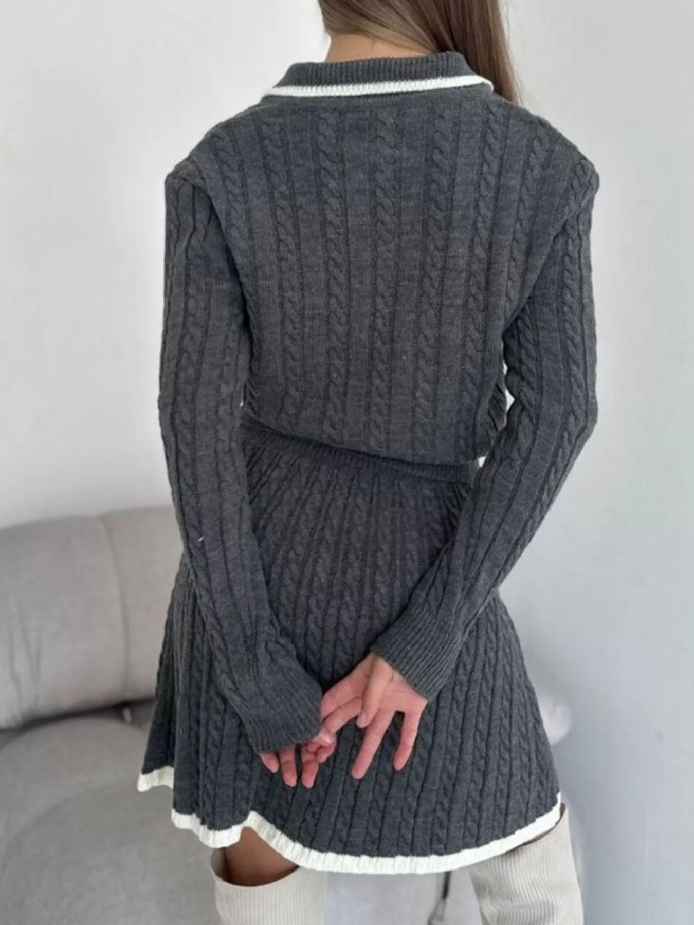 Cable Knit Sweater Set – Long Sleeve Top & Skirt for Women