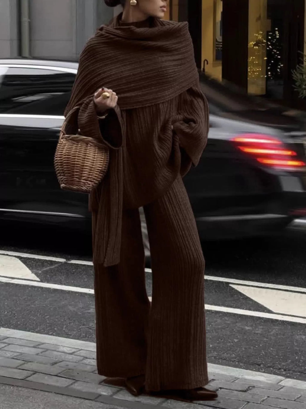 Tights & Tights Women’s Ribbed Sweater and Wide Leg Pants 3-Piece Lounge Set
