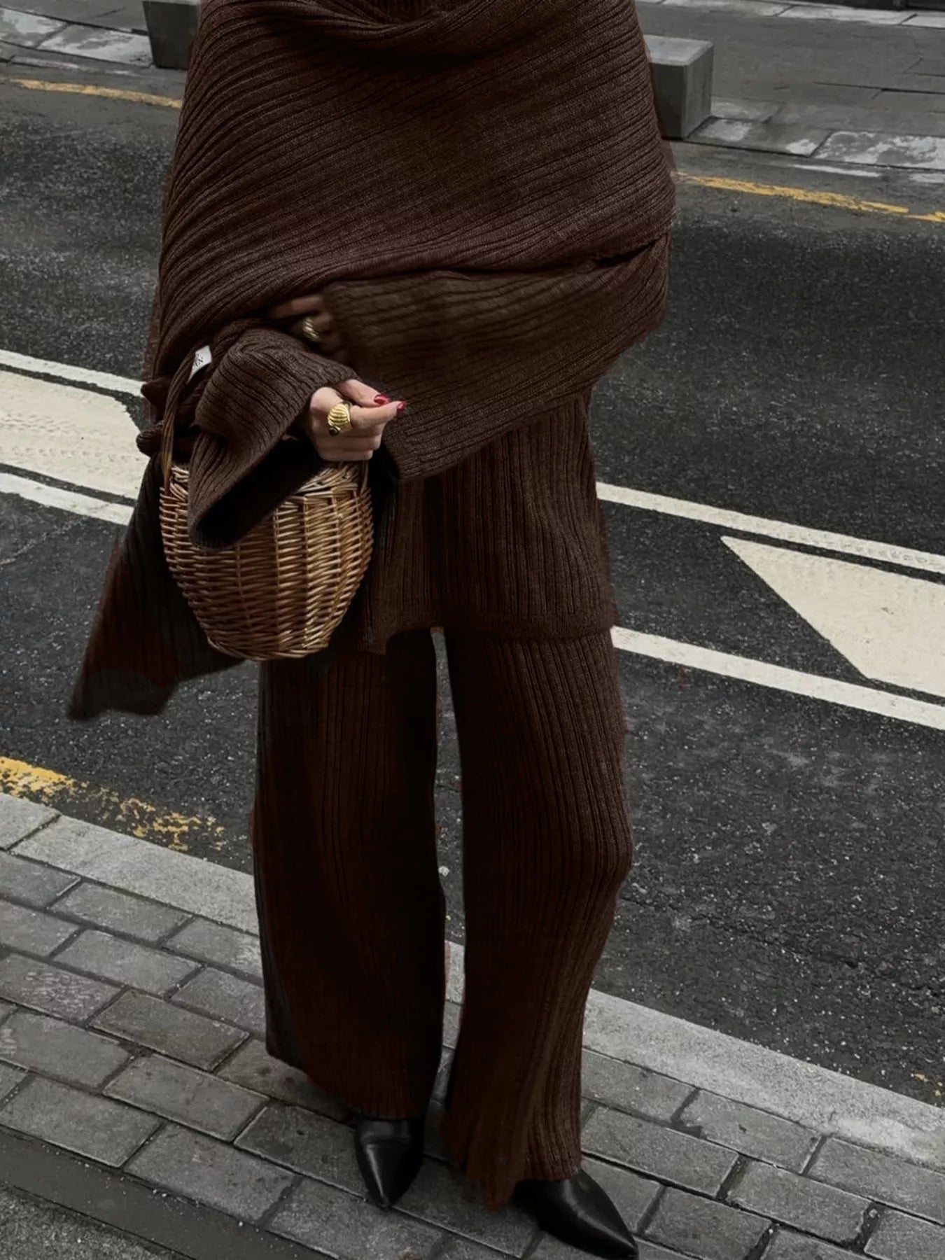 Tights & Tights Women’s Ribbed Sweater and Wide Leg Pants 3-Piece Lounge Set