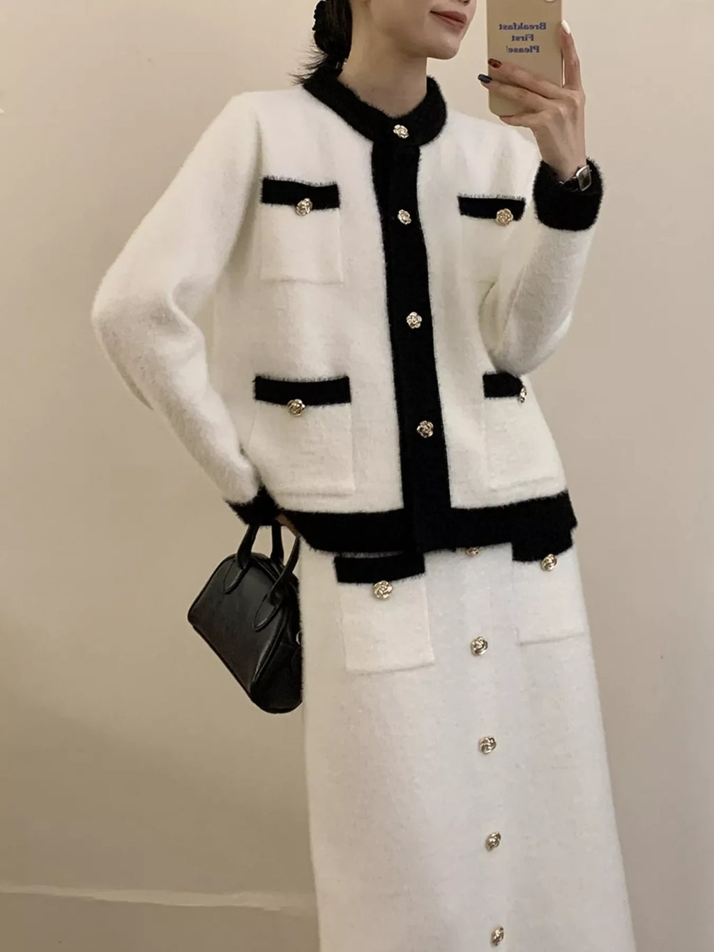 Contrast Trim Jacket & Skirt Sweater Set – Chic Women’s Outfit