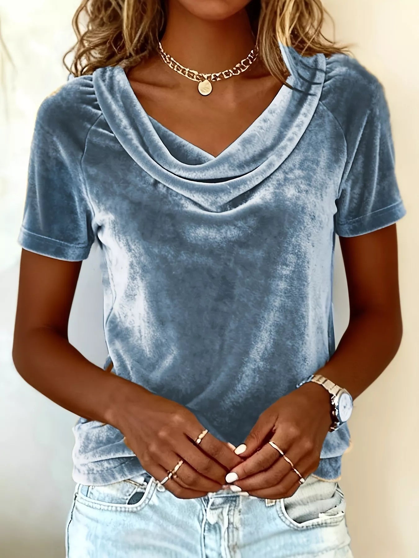Women’s Velvet Cowl Neck Short Sleeve Top