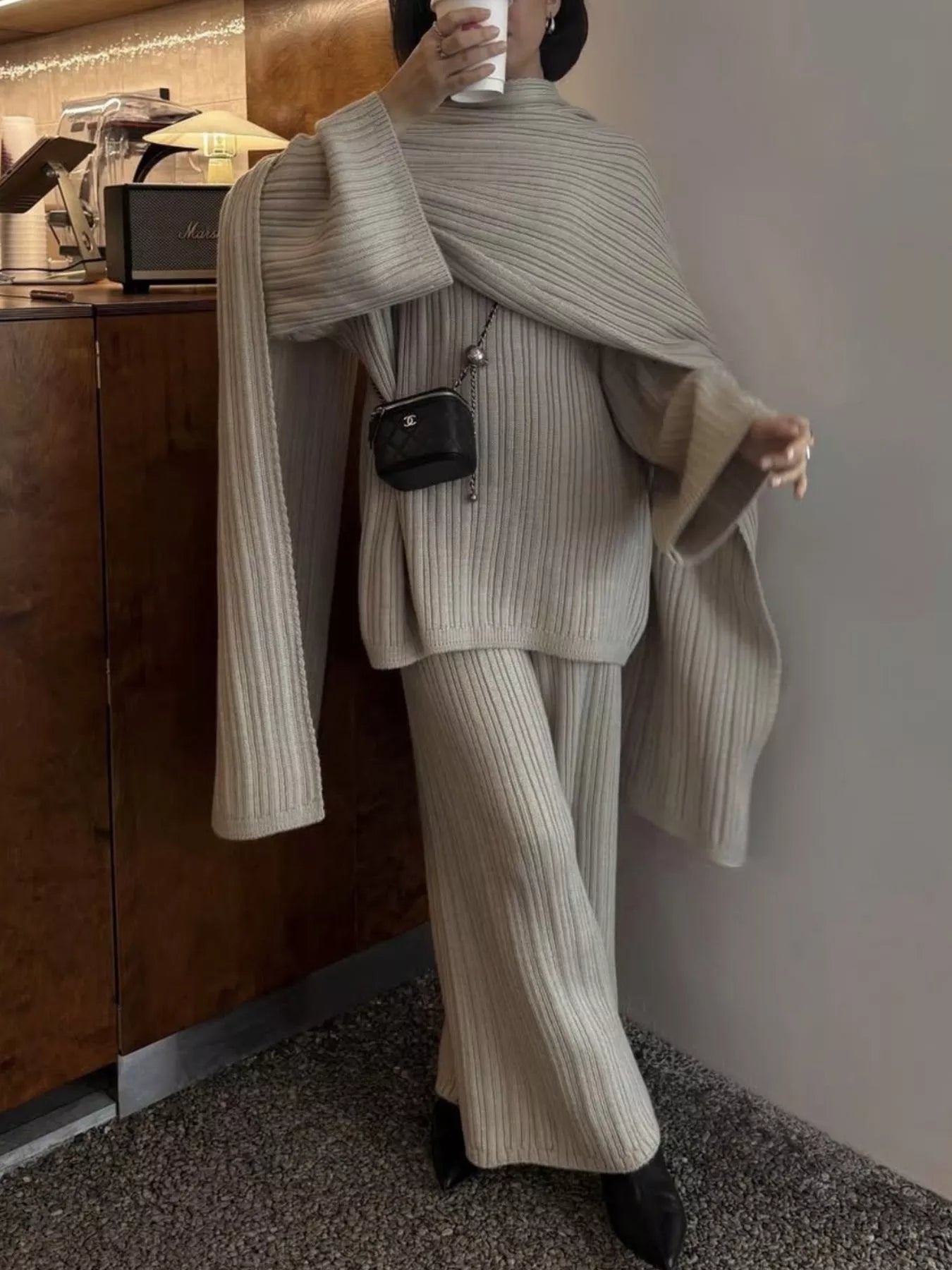 Tights & Tights Women’s Ribbed Sweater and Wide Leg Pants 3-Piece Lounge Set