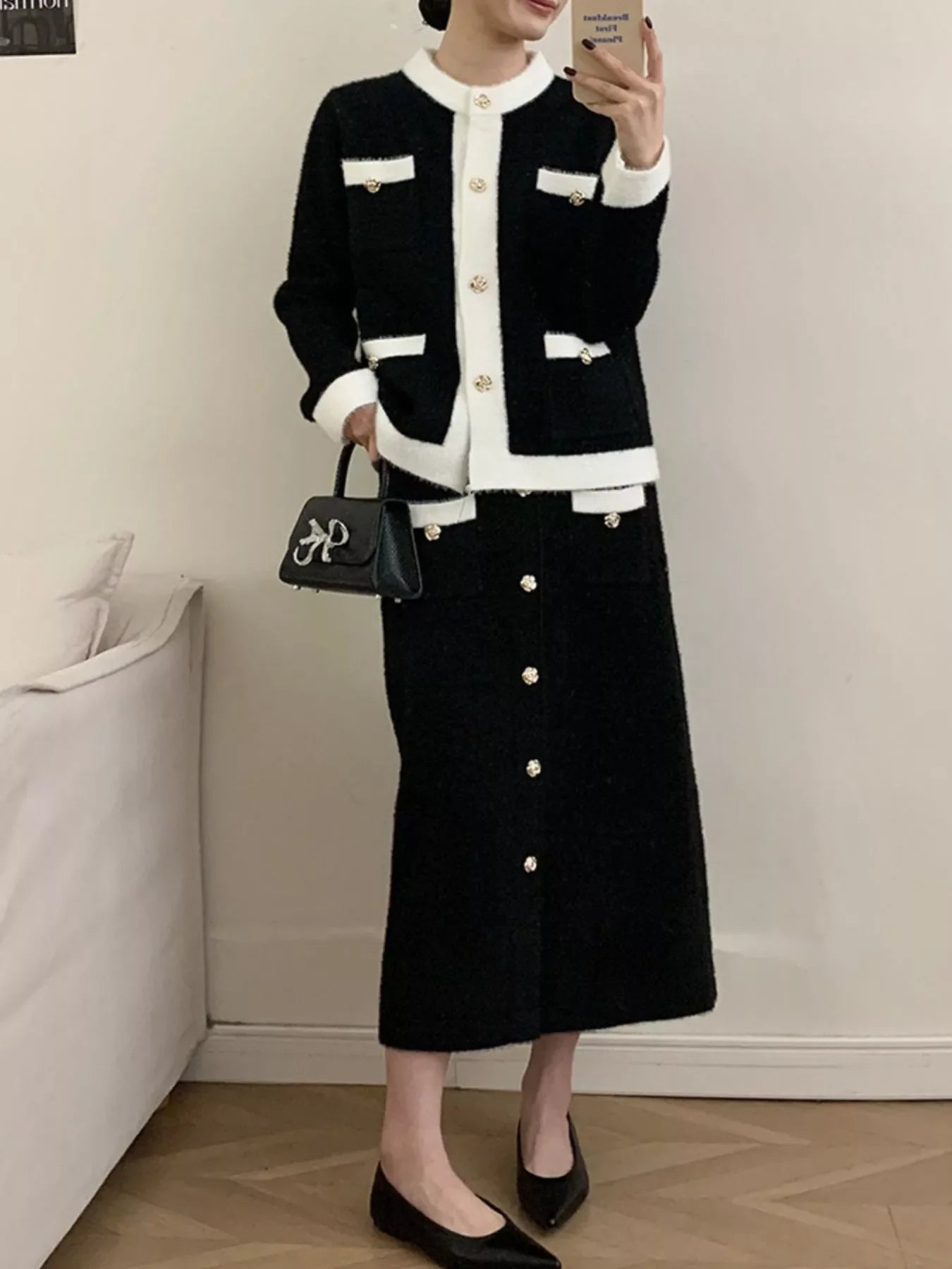 Contrast Trim Jacket & Skirt Sweater Set – Chic Women’s Outfit