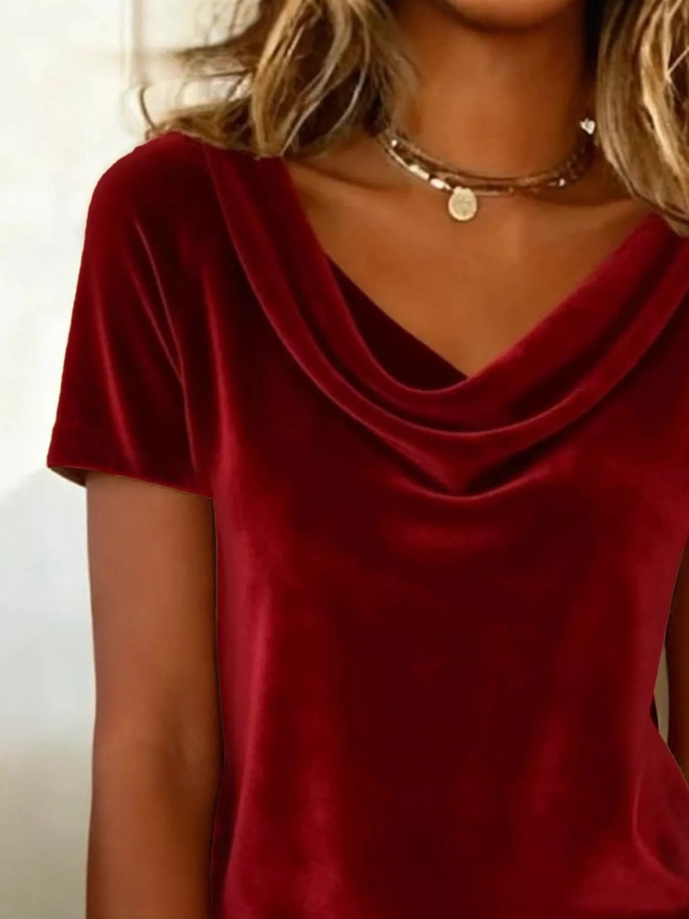 Women’s Velvet Cowl Neck Short Sleeve Top