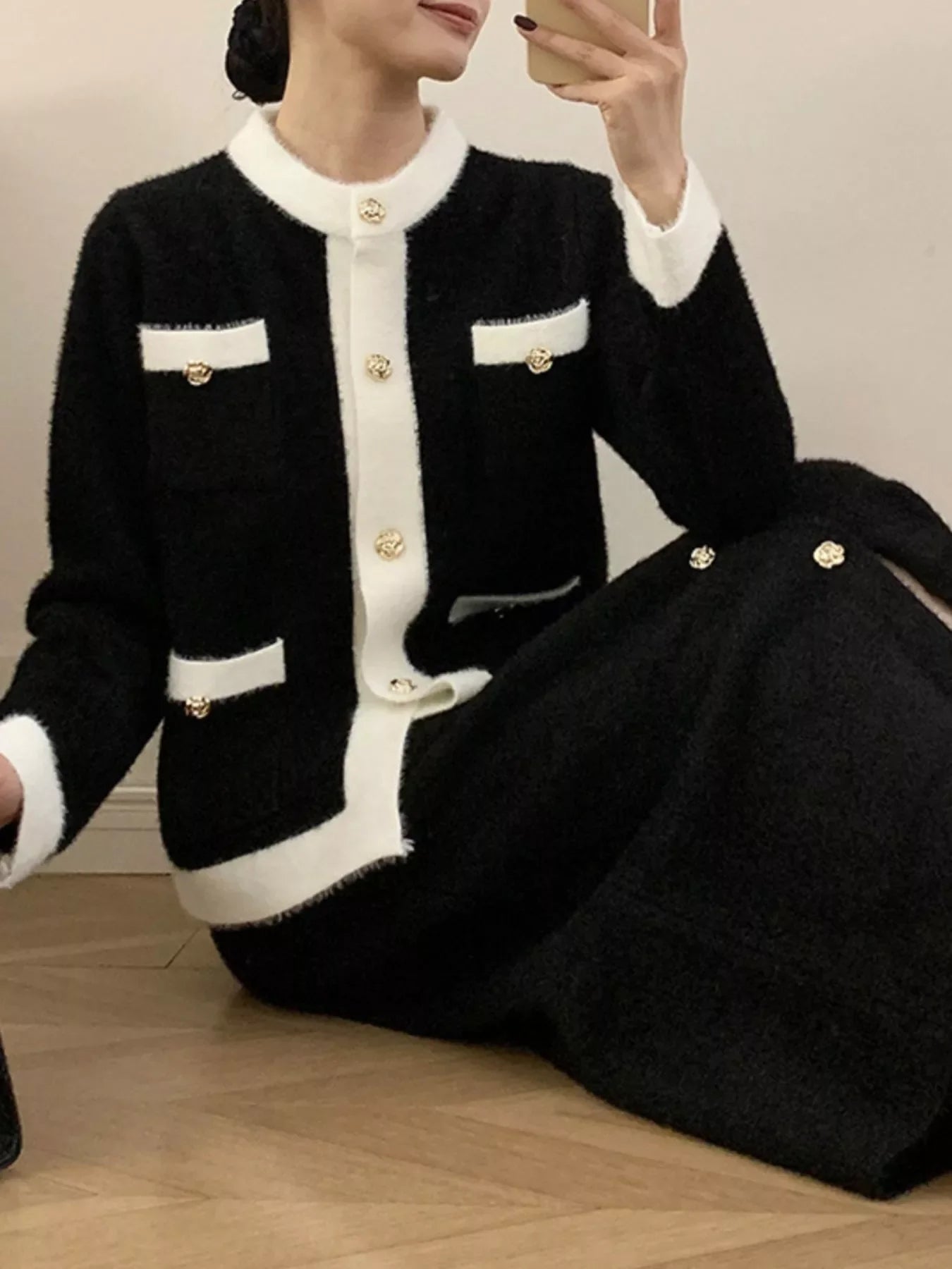 Contrast Trim Jacket & Skirt Sweater Set – Chic Women’s Outfit