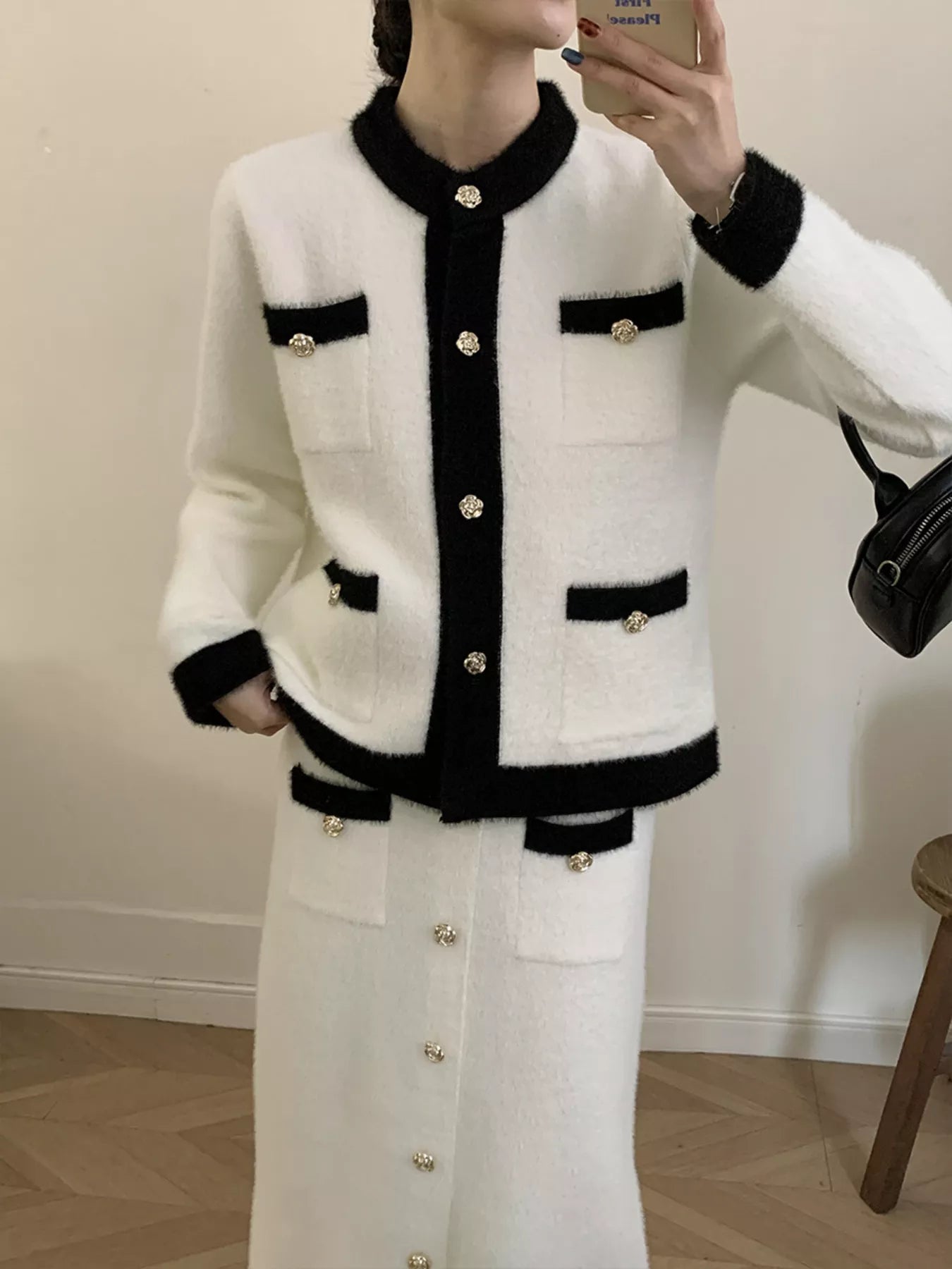 Contrast Trim Jacket & Skirt Sweater Set – Chic Women’s Outfit