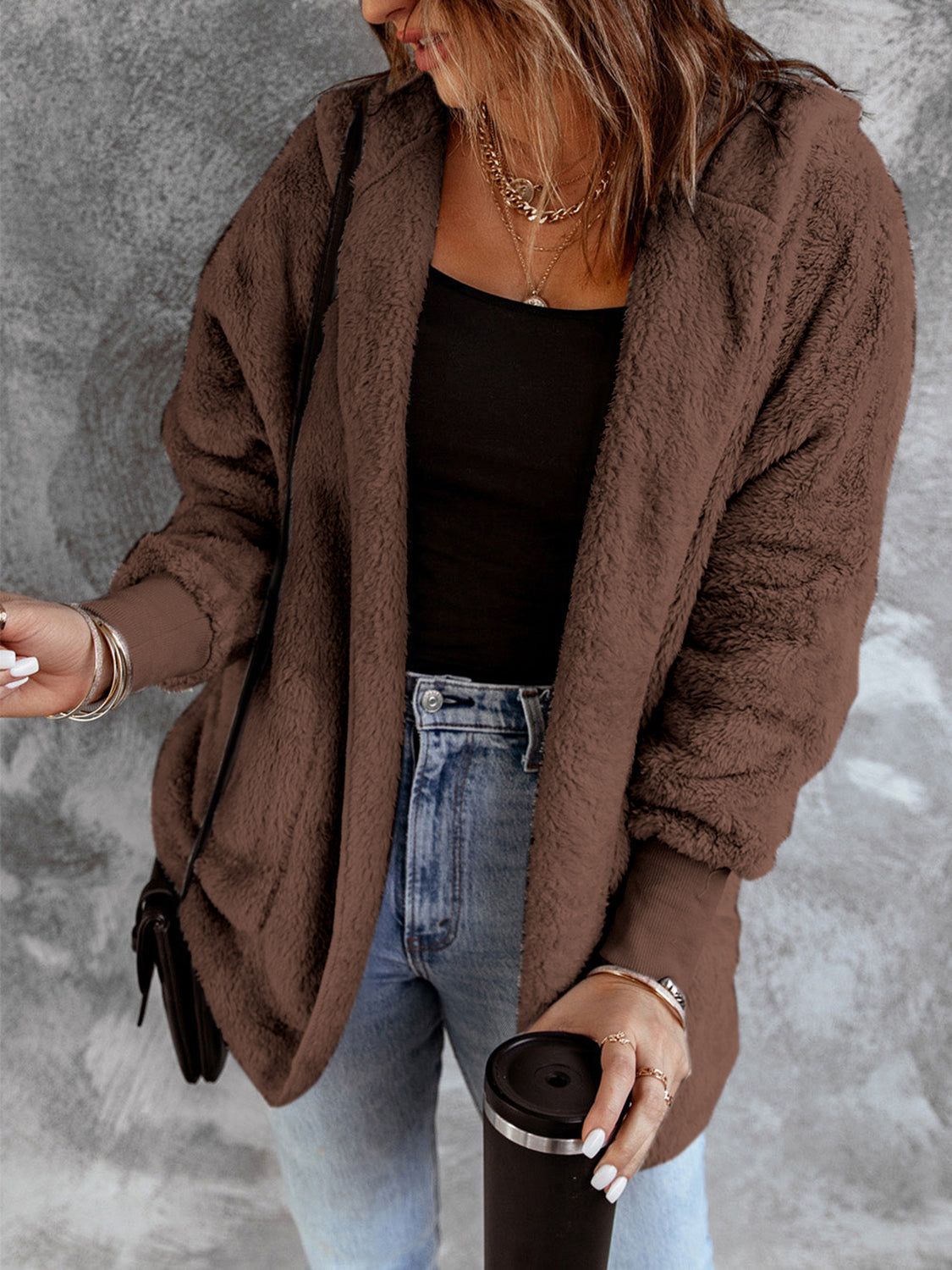 Women’s Open Front Hooded Faux Fur Coat with Pockets – Cozy Chic
