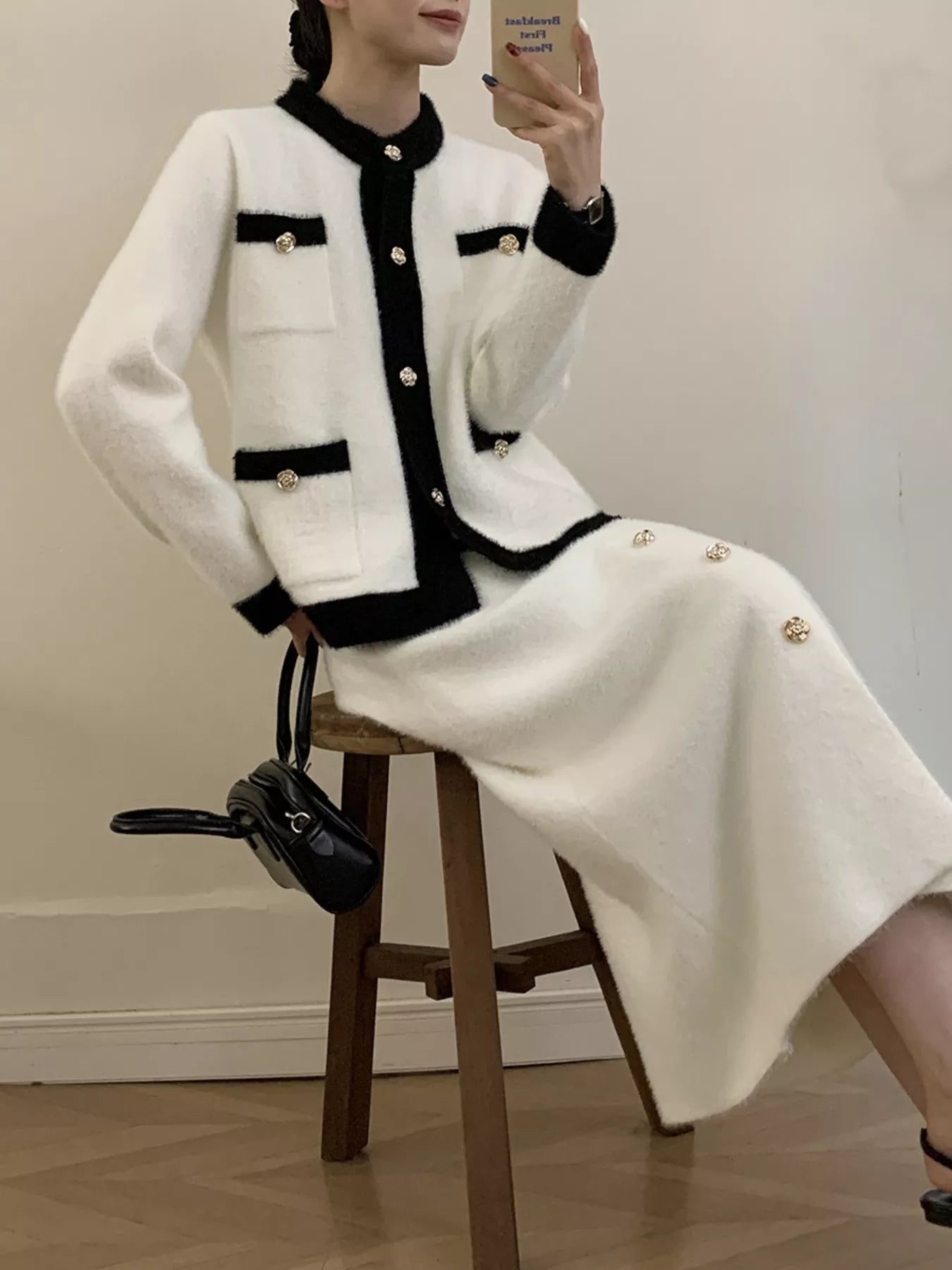 Contrast Trim Jacket & Skirt Sweater Set – Chic Women’s Outfit