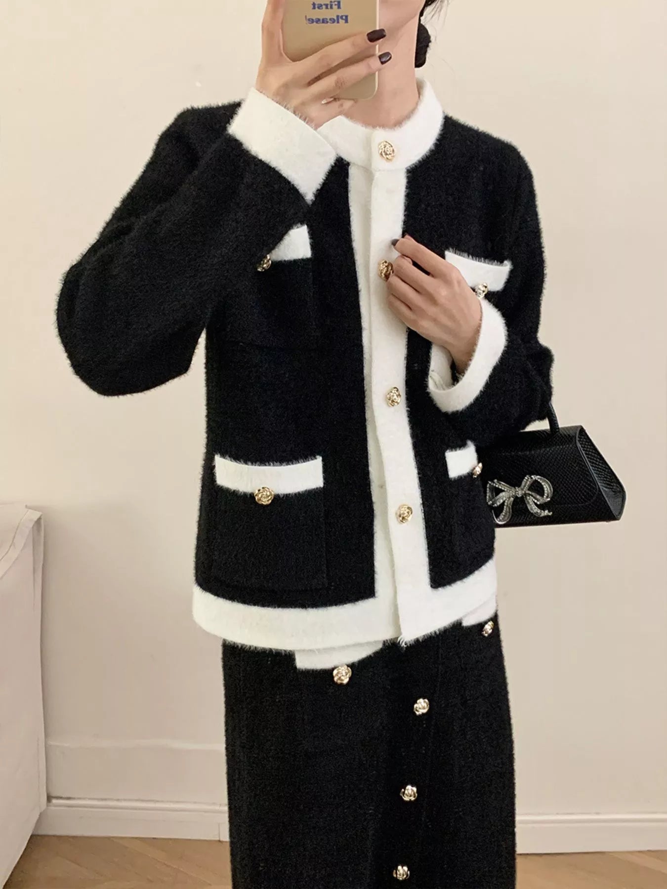 Contrast Trim Jacket & Skirt Sweater Set – Chic Women’s Outfit