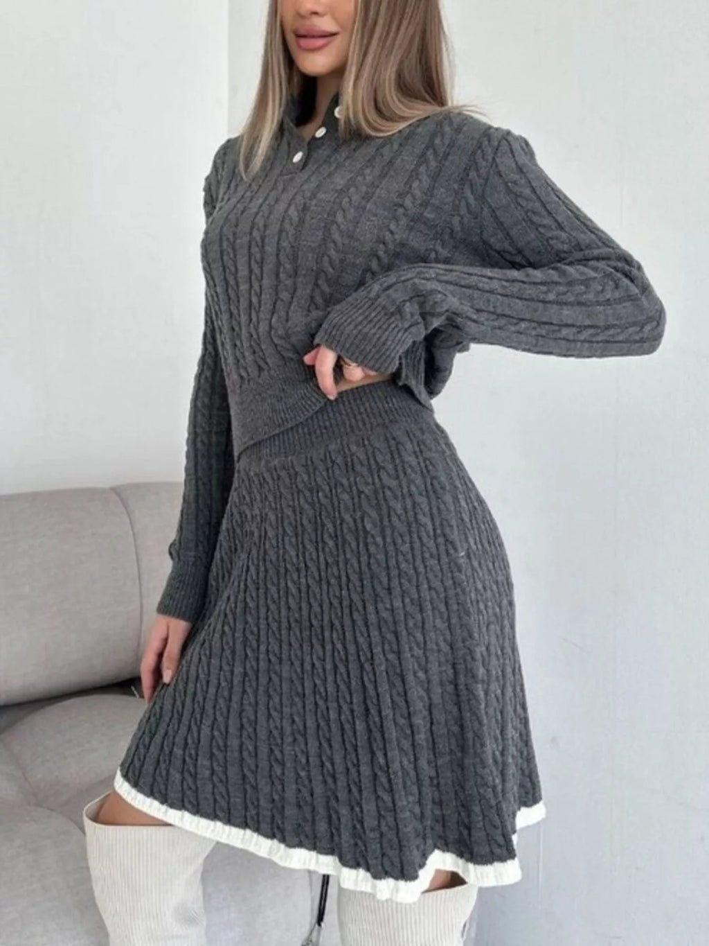 Cable Knit Sweater Set – Long Sleeve Top & Skirt for Women