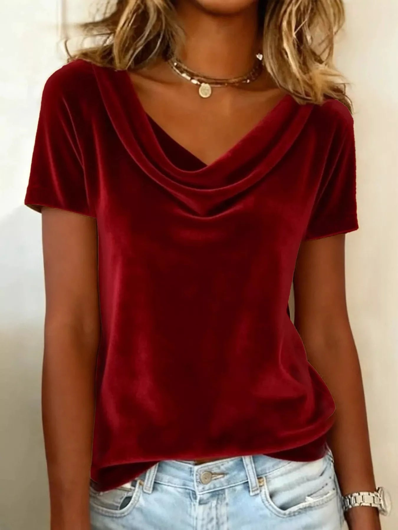 Women’s Velvet Cowl Neck Short Sleeve Top