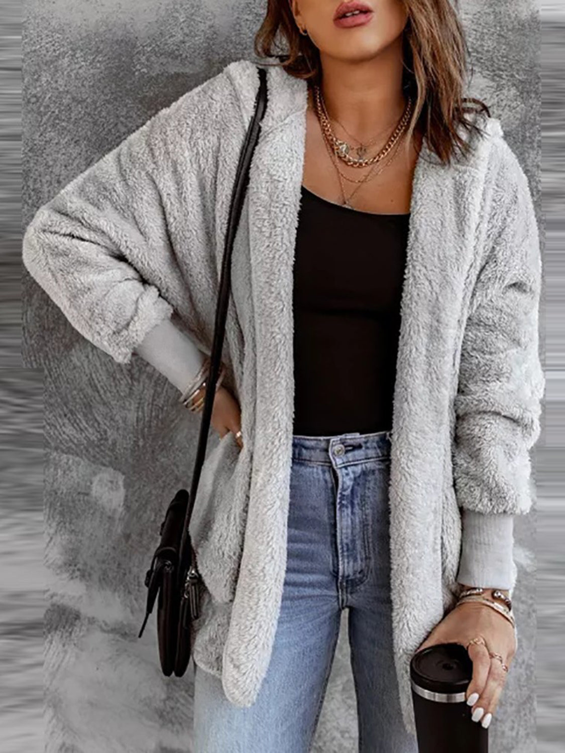 Women’s Open Front Hooded Faux Fur Coat with Pockets – Cozy Chic