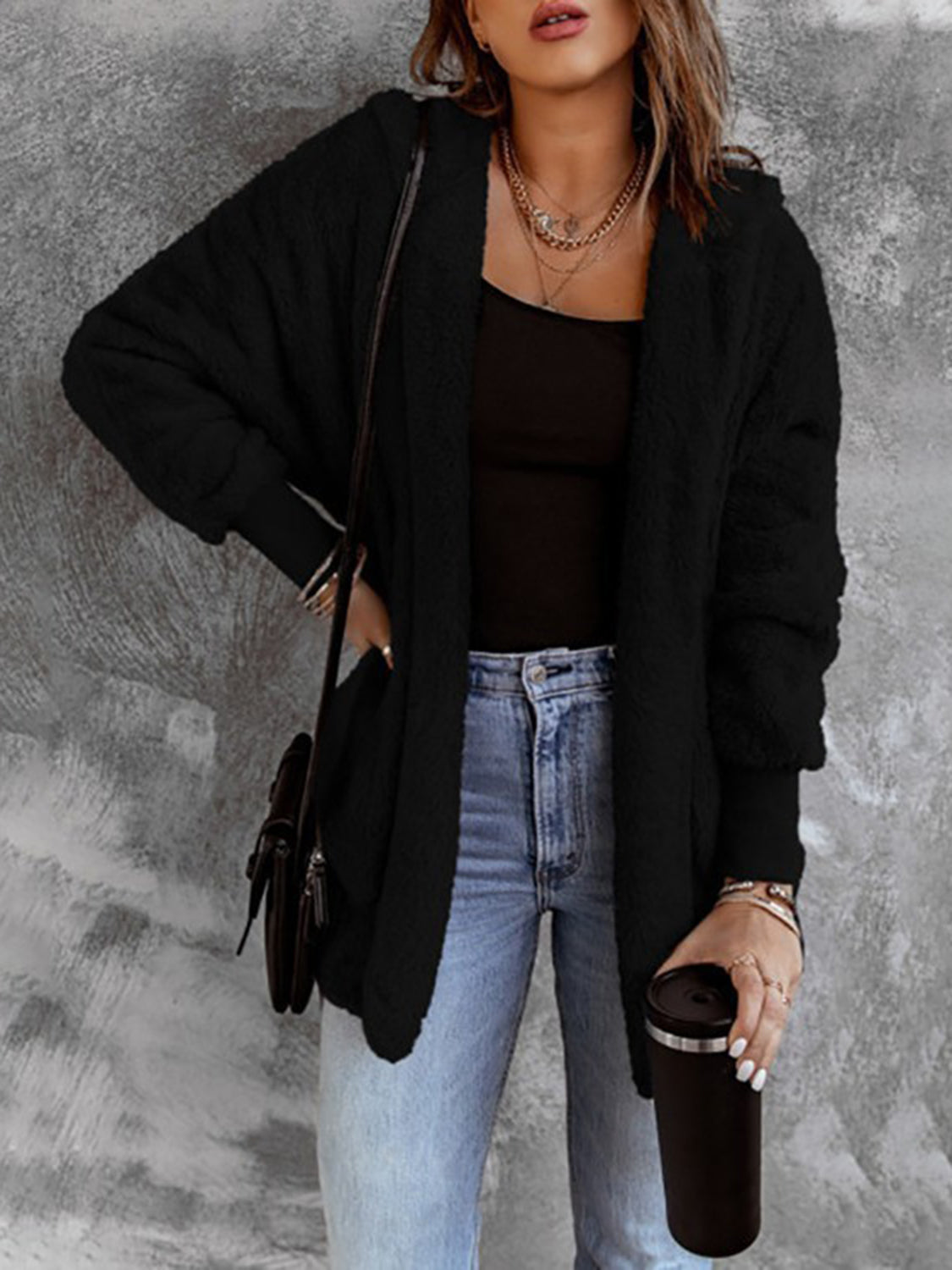 Women’s Open Front Hooded Faux Fur Coat with Pockets – Cozy Chic