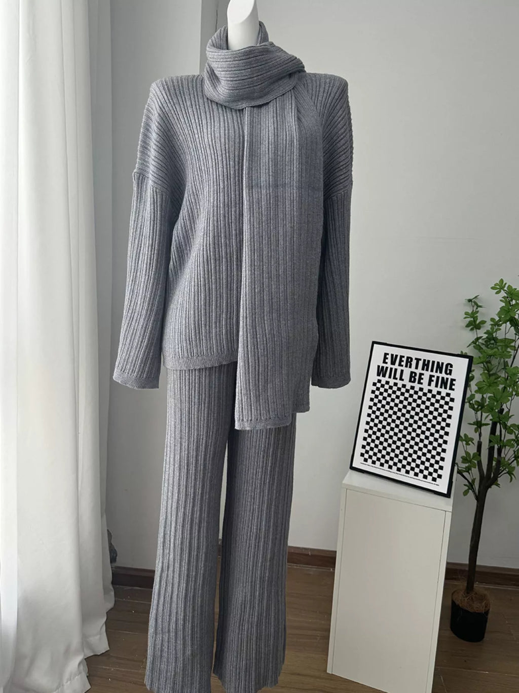 Tights & Tights Women’s Ribbed Sweater and Wide Leg Pants 3-Piece Lounge Set