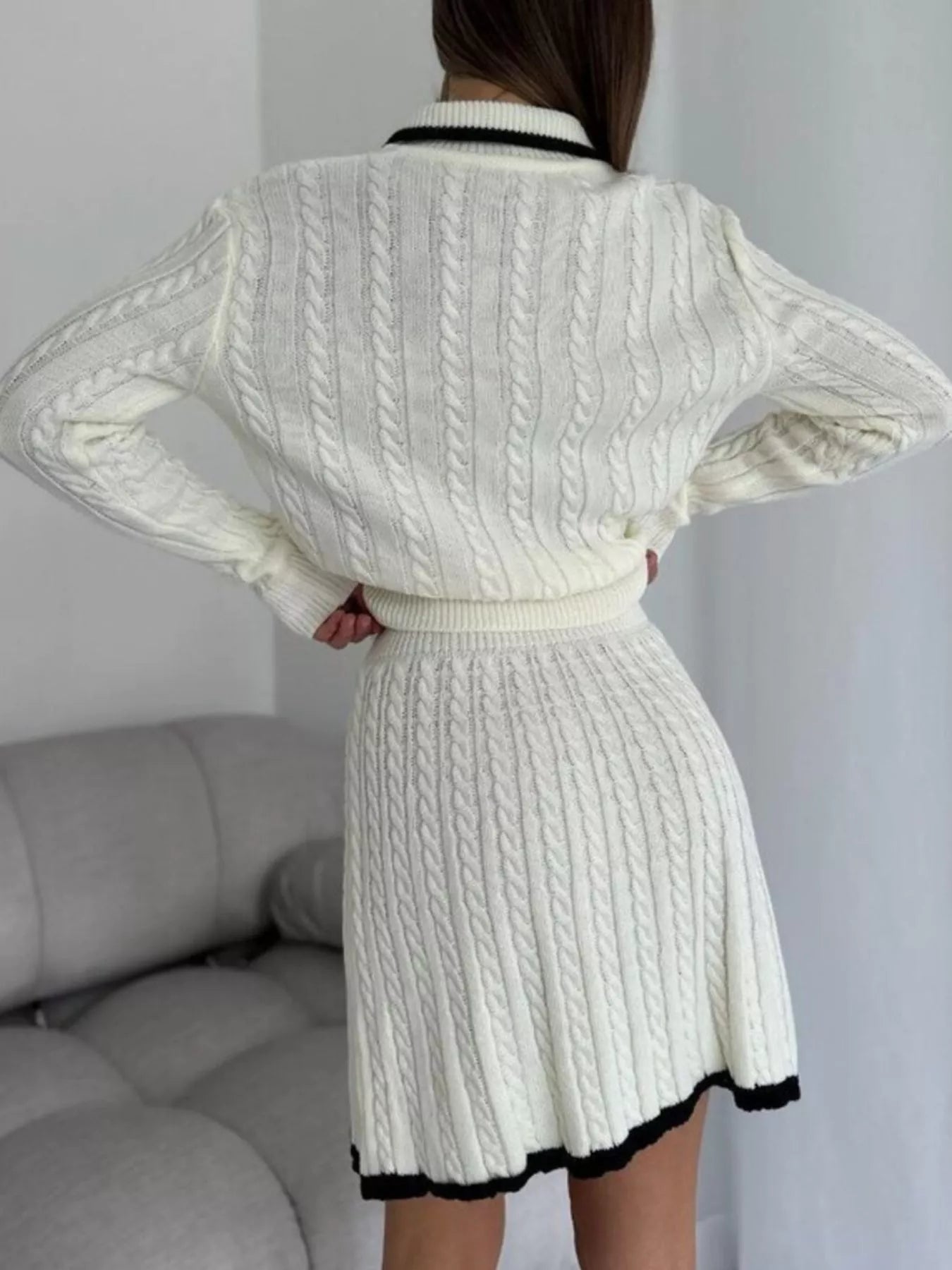 Cable Knit Sweater Set – Long Sleeve Top & Skirt for Women
