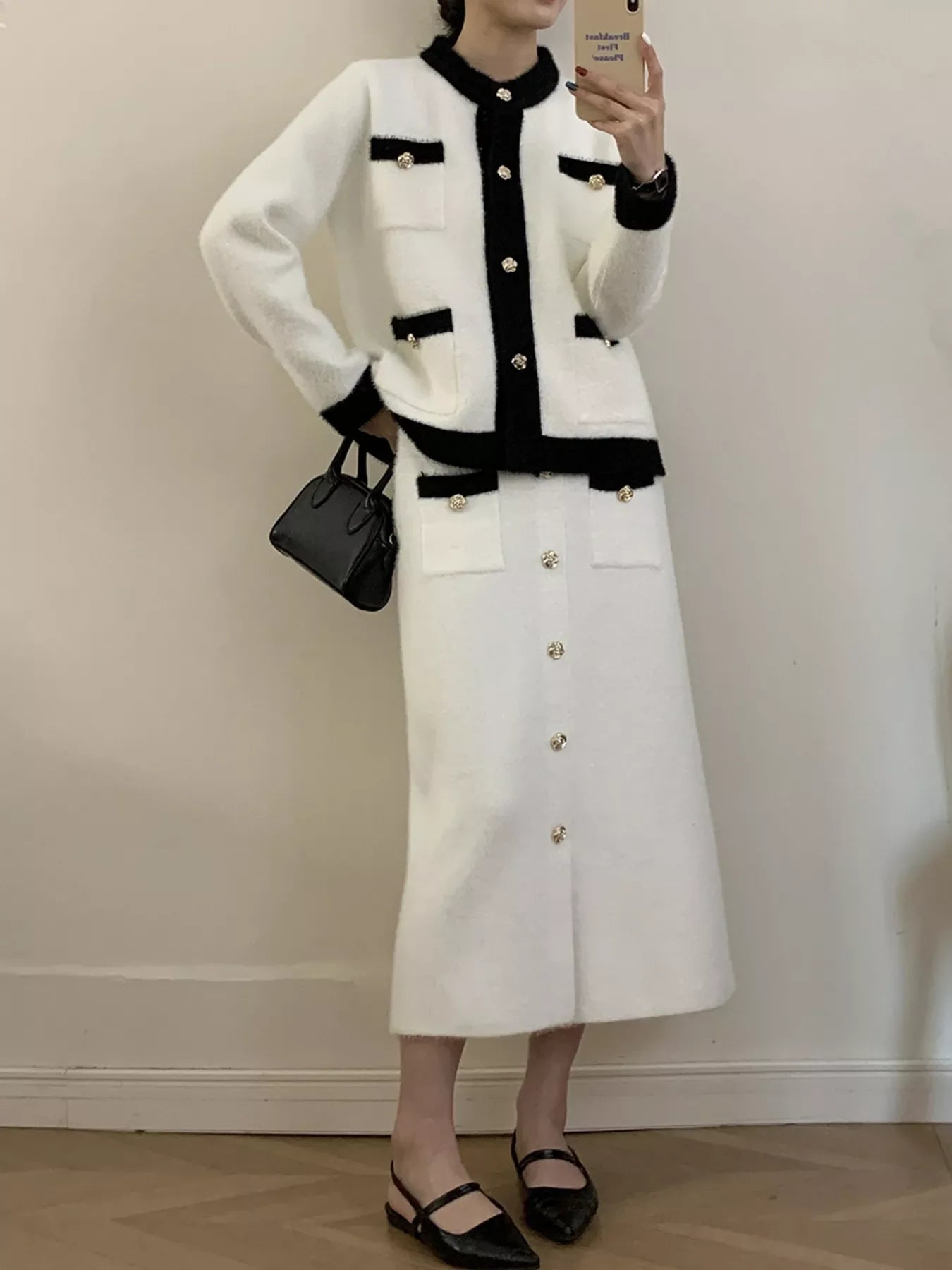 Contrast Trim Jacket & Skirt Sweater Set – Chic Women’s Outfit