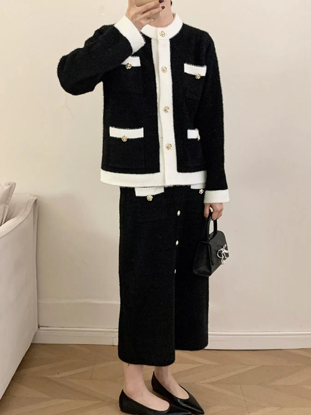 Contrast Trim Jacket & Skirt Sweater Set – Chic Women’s Outfit