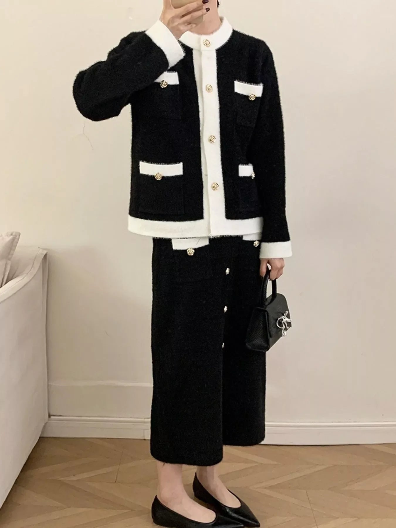 Contrast Trim Jacket & Skirt Sweater Set – Chic Women’s Outfit