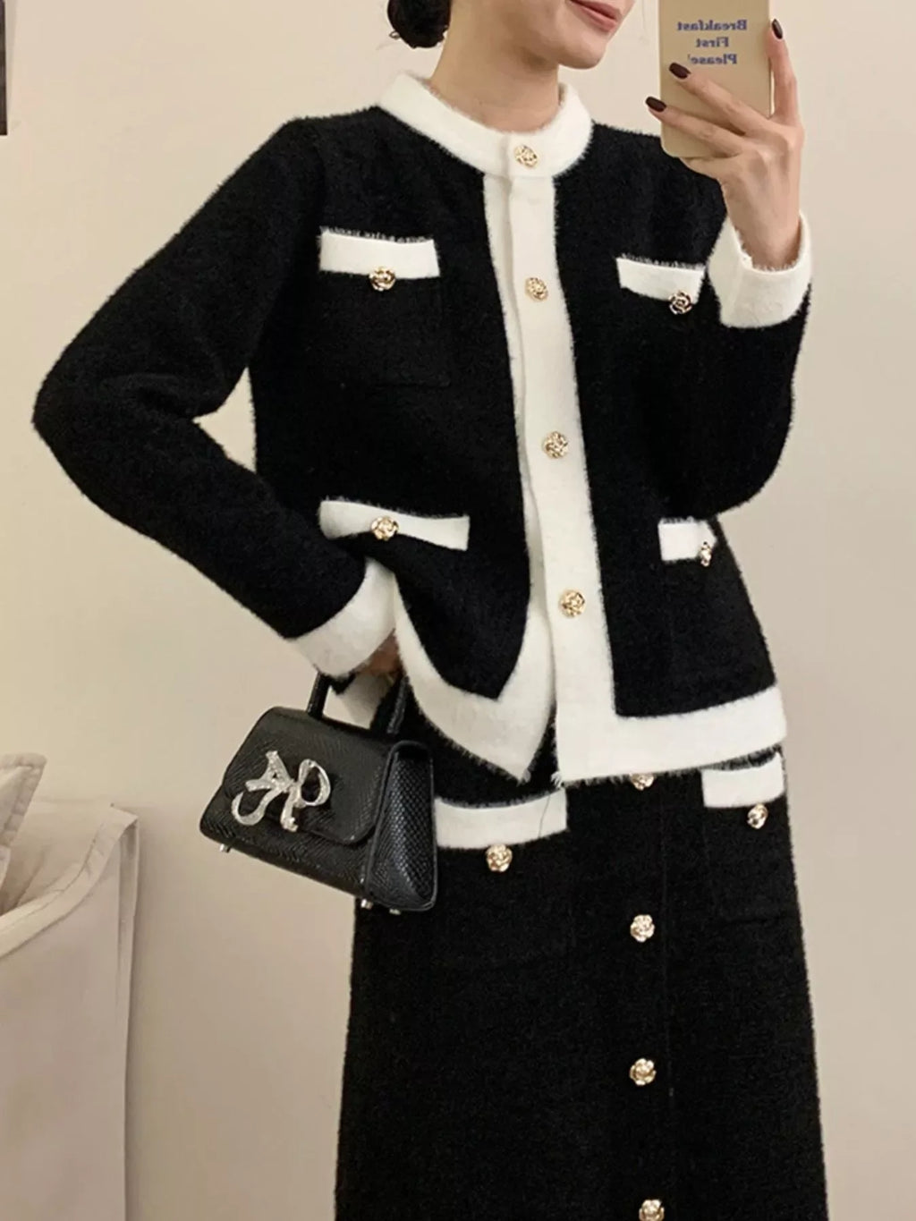 Contrast Trim Jacket & Skirt Sweater Set – Chic Women’s Outfit